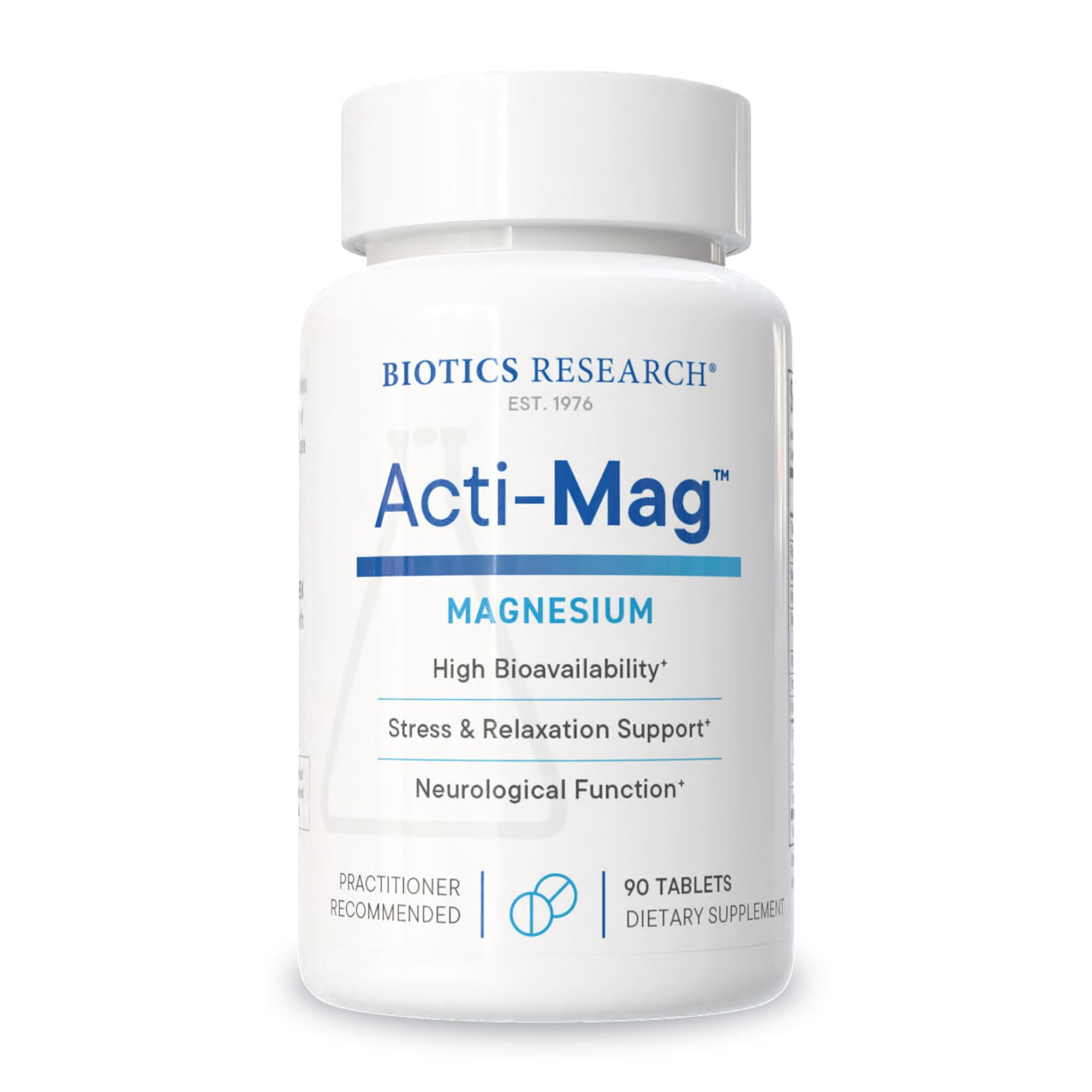 BIOTICS RESEARCH Acti-Mag frontal mostrando envase y beneficios esenciales