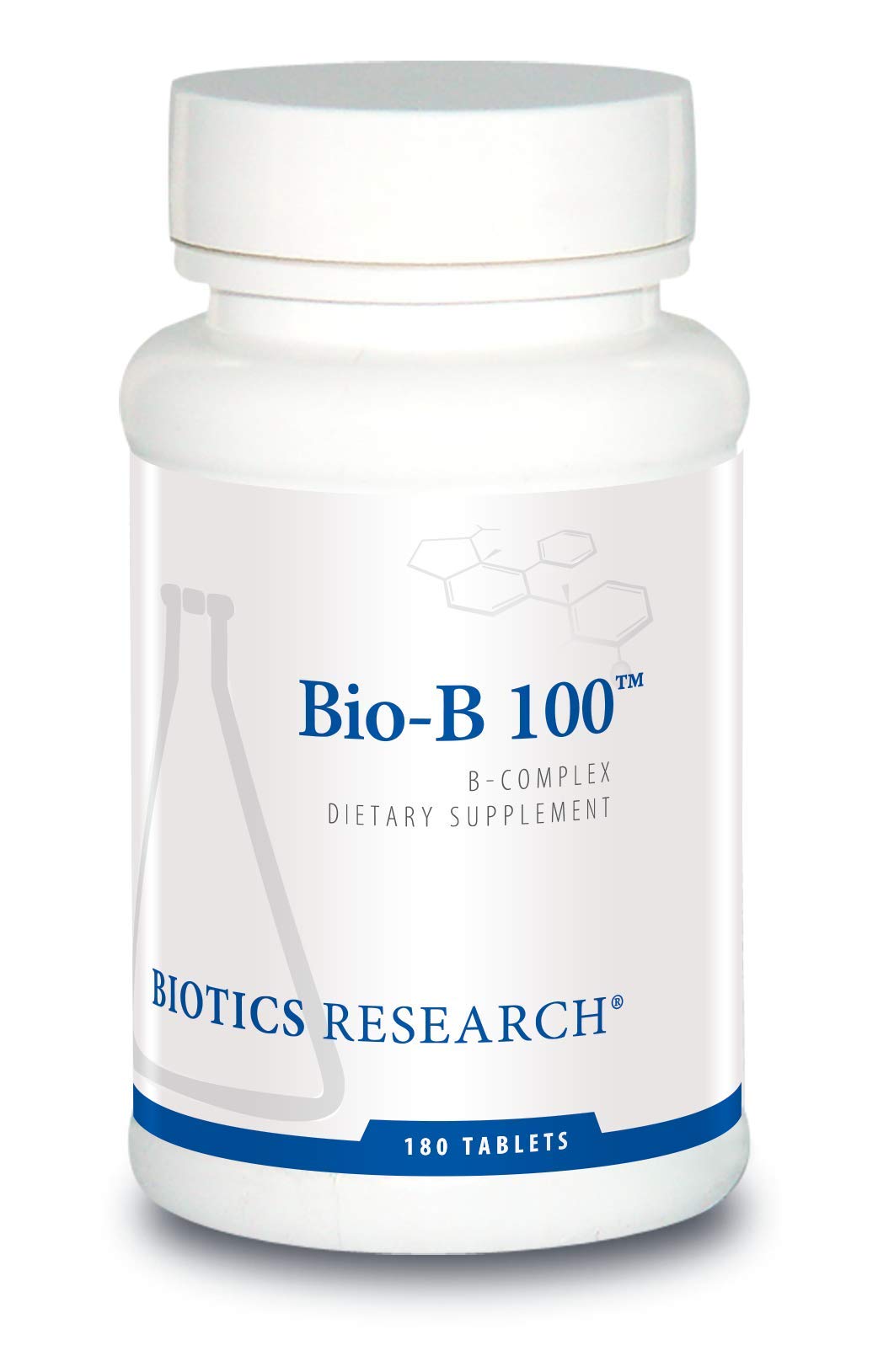 BIOTICS RESEARCH envase frontal de Bio-B 100 mostrando etiquetas y beneficios