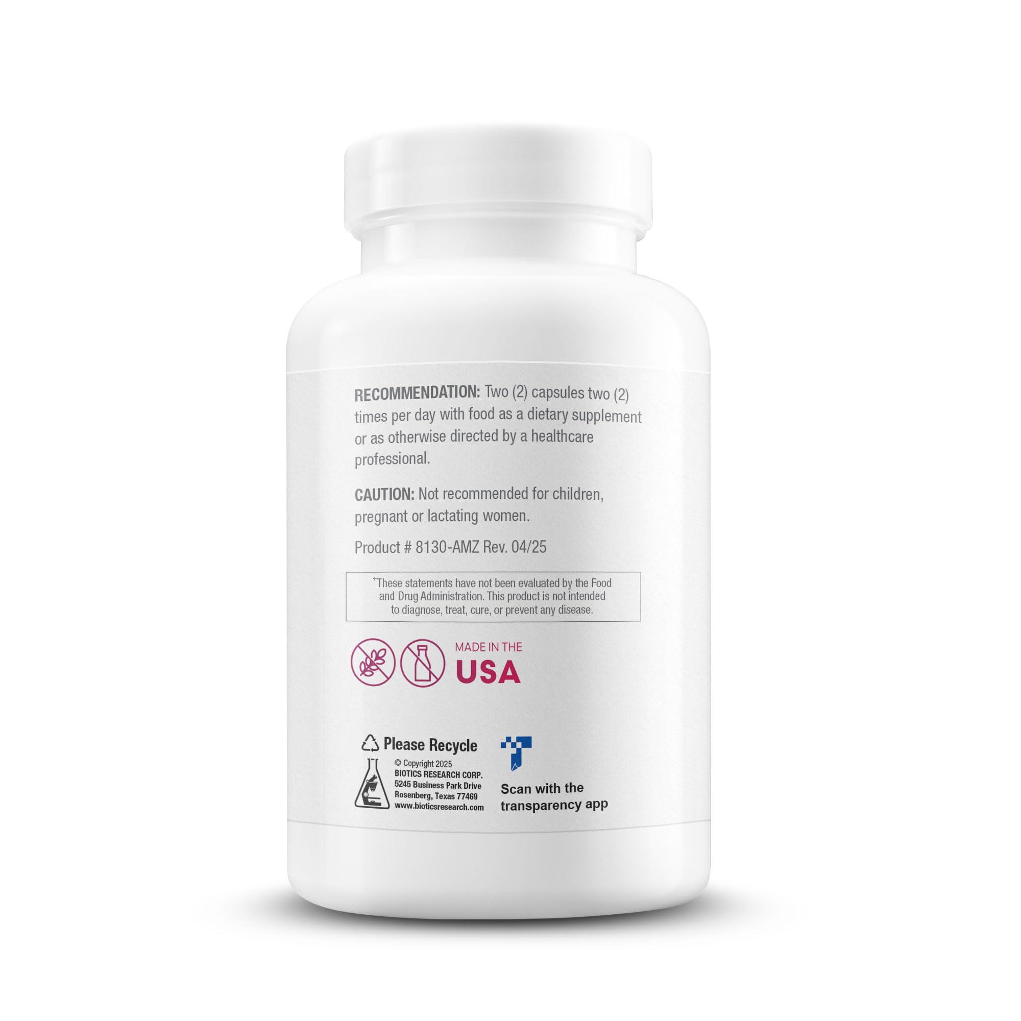 BIOTICS RESEARCH etiqueta con información nutricional y componentes esenciales