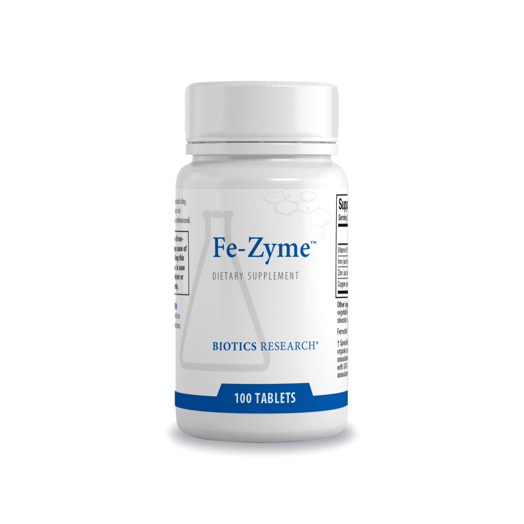 BIOTICS RESEARCH frasco Fe-Zyme frente mostrando etiqueta y beneficios