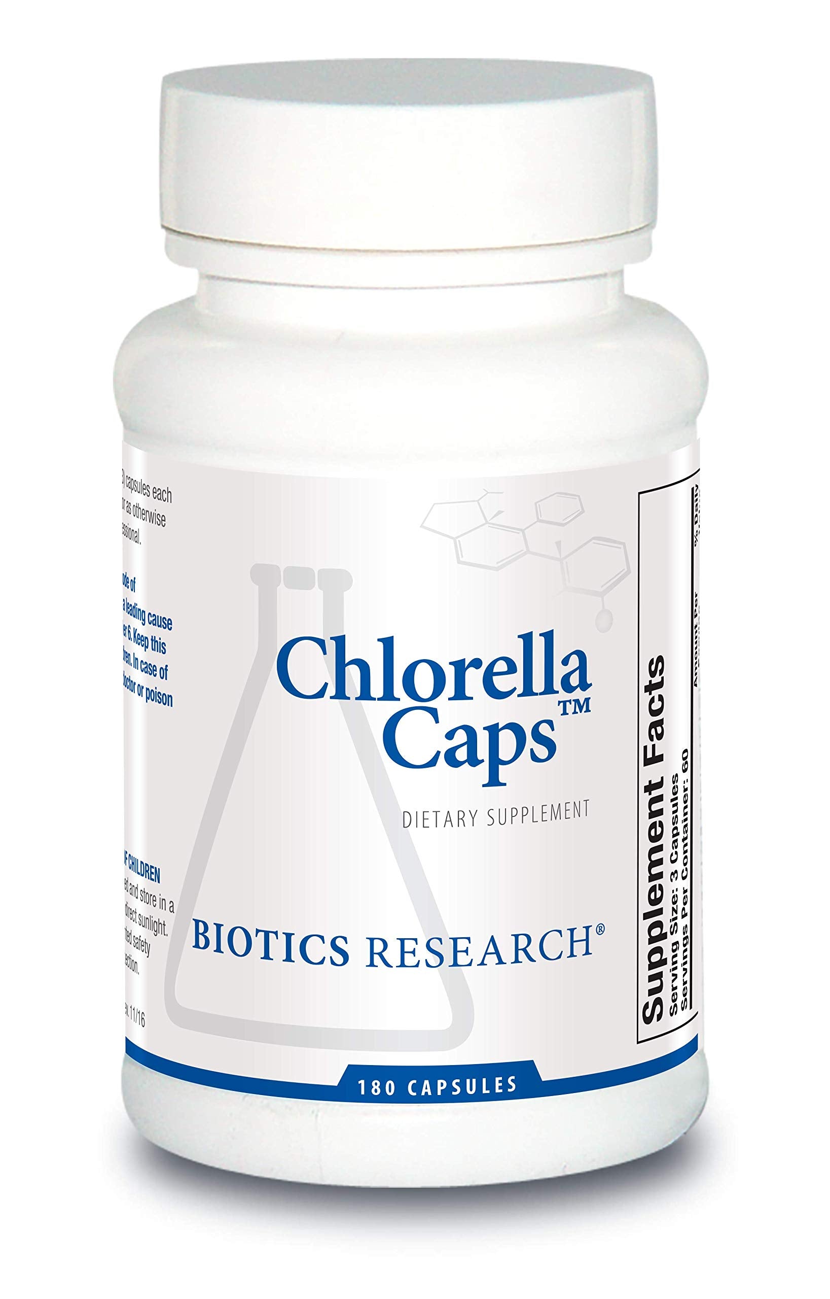 BIOTICS RESEARCH frasco frontal de chlorella 180 cápsulas, presentación clara y compacta