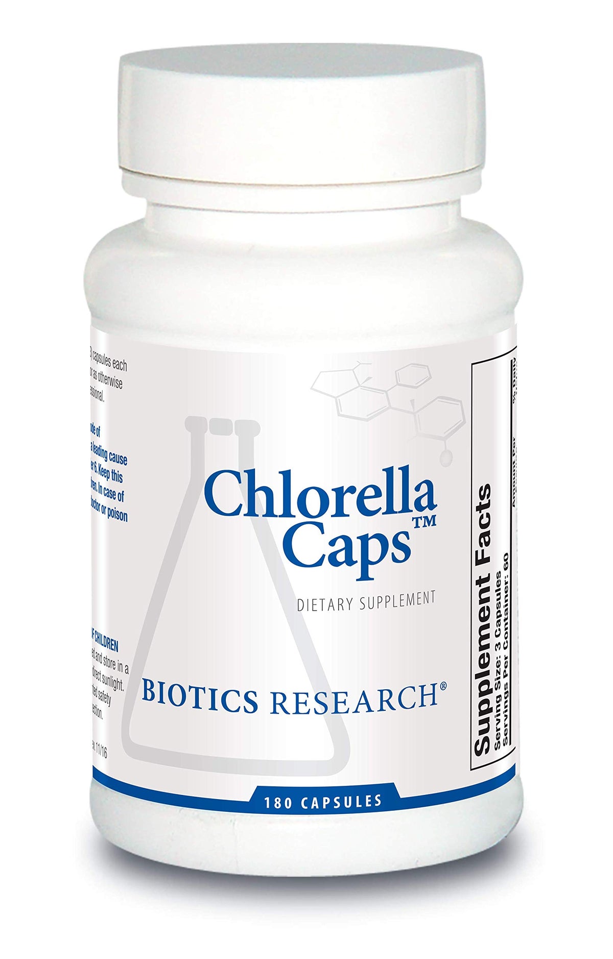 BIOTICS RESEARCH frasco frontal de chlorella 180 cápsulas, presentación clara y compacta