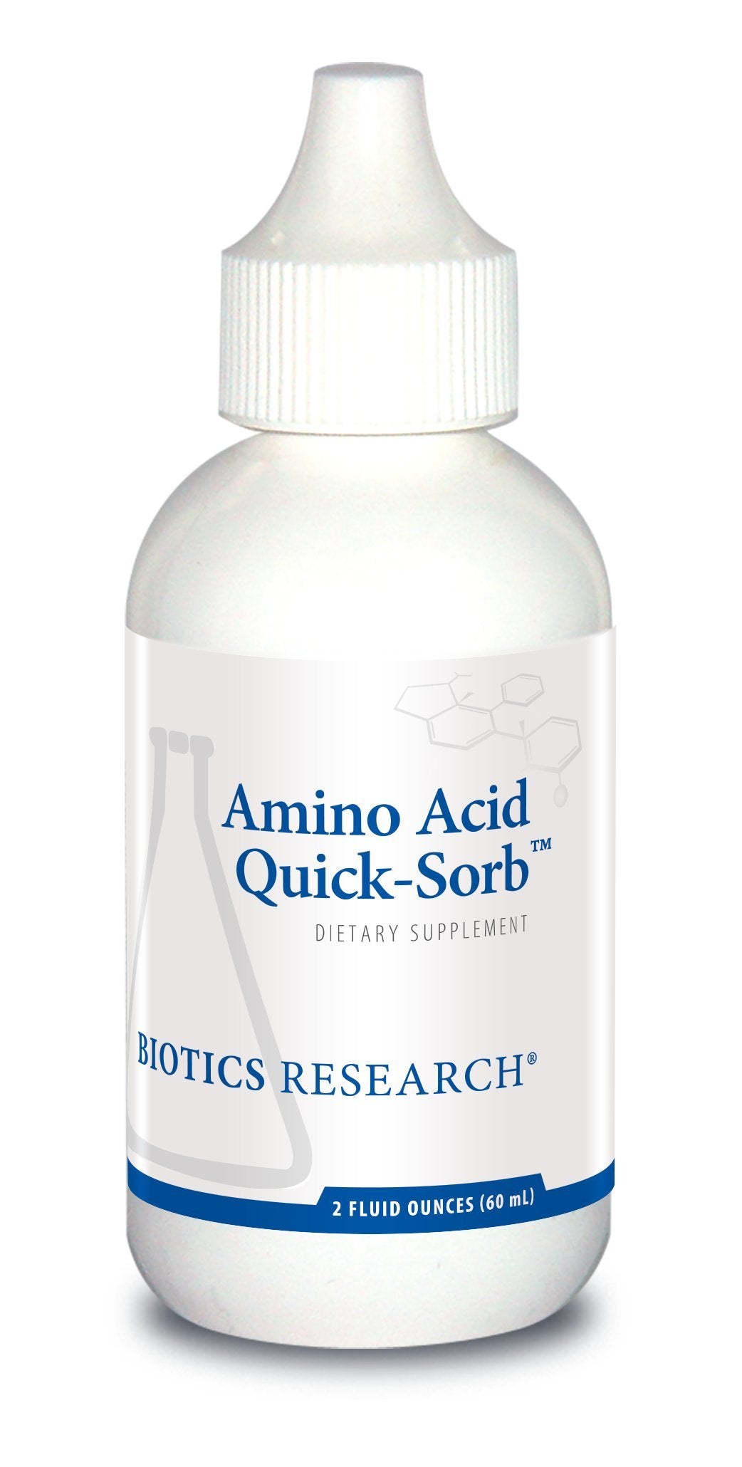 BIOTICS RESEARCH frasco frontal de Amino Acid Quick Sorb mostrando la etiqueta y beneficios