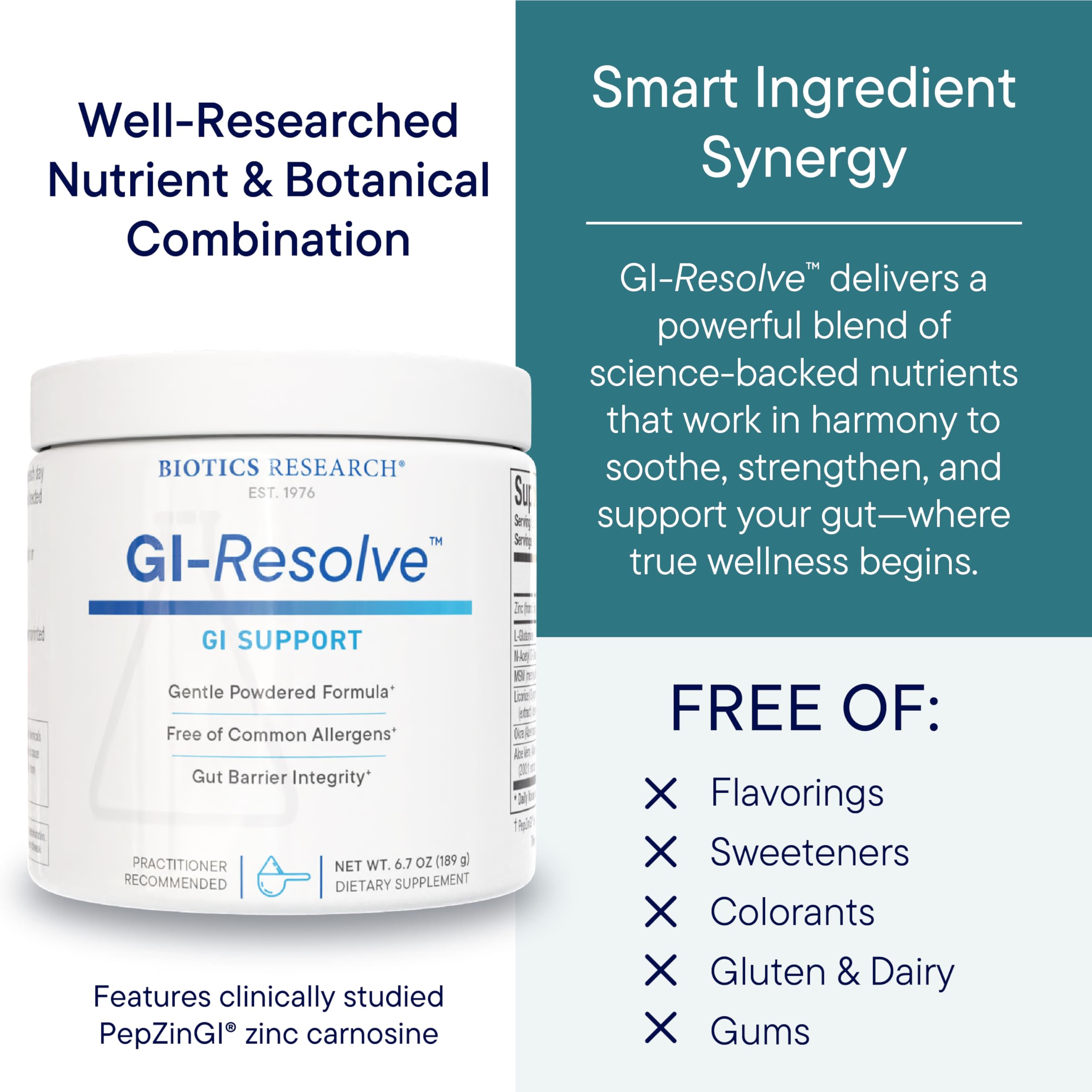 BIOTICS RESEARCH comparación de tamaño del envase GI Resolve en mano para escala