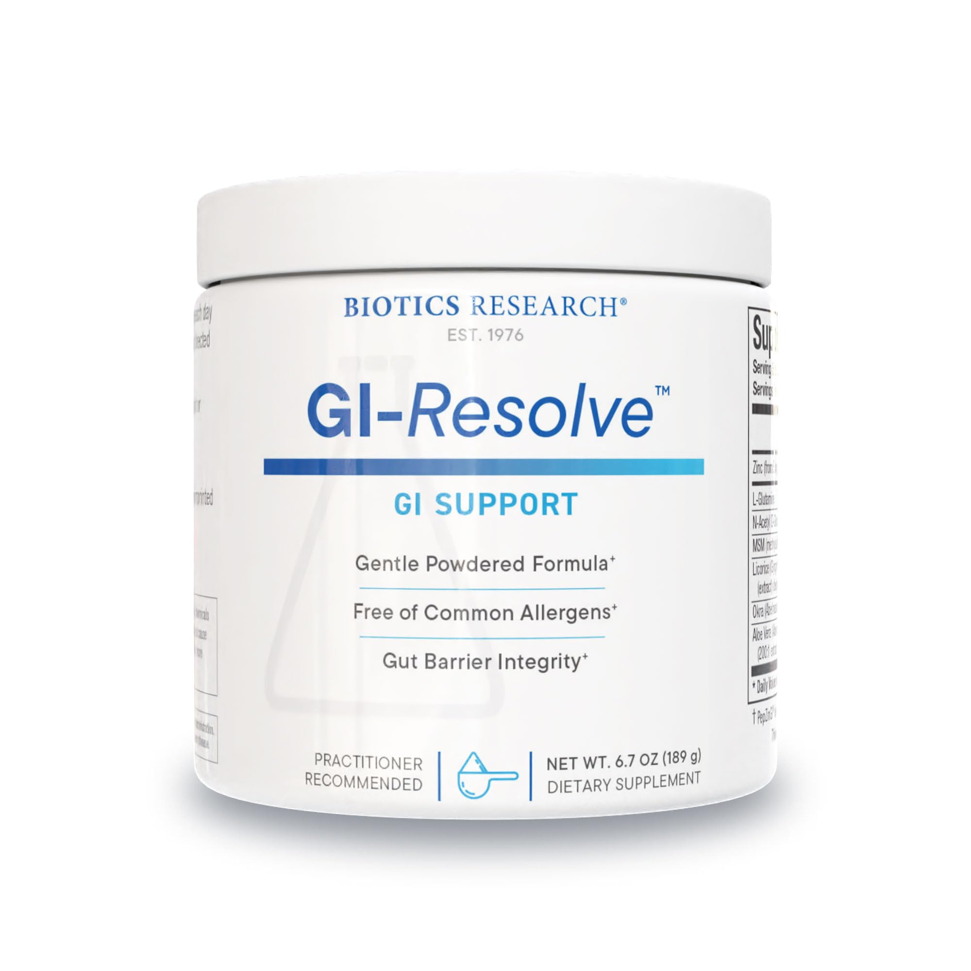 BIOTICS RESEARCH envase frontal GI Resolve mostrando presentación y beneficios