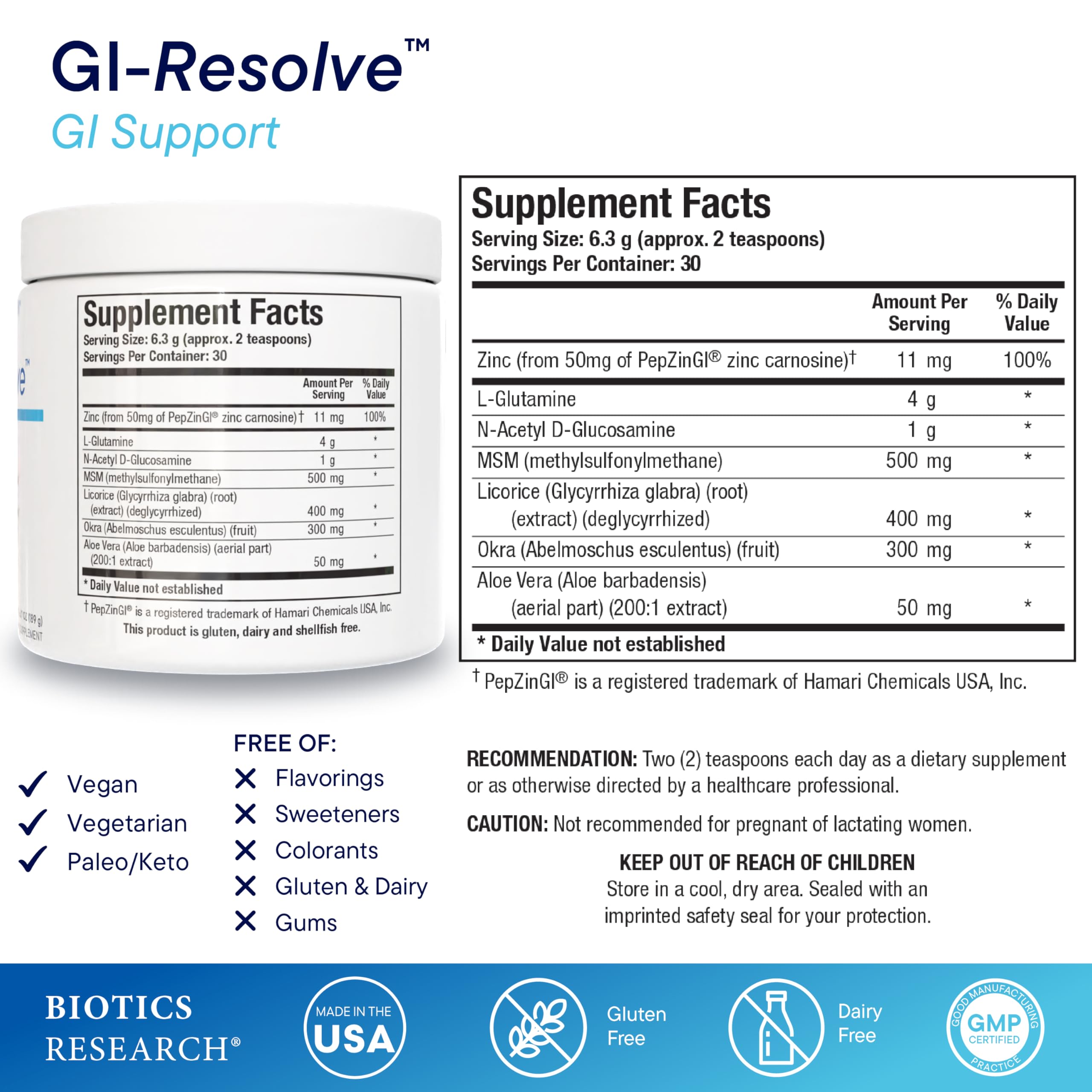 BIOTICS RESEARCH detalle de textura del polvo GI Resolve para disolución fácil