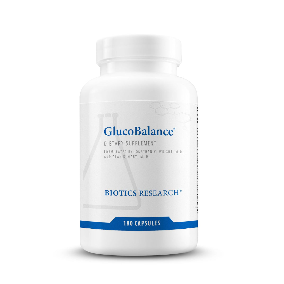 BIOTICS RESEARCH frasco delantero de GlucoBalance mostrando 180 cápsulas y beneficios