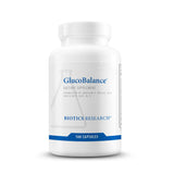 BIOTICS RESEARCH frasco delantero de GlucoBalance mostrando 180 cápsulas y beneficios