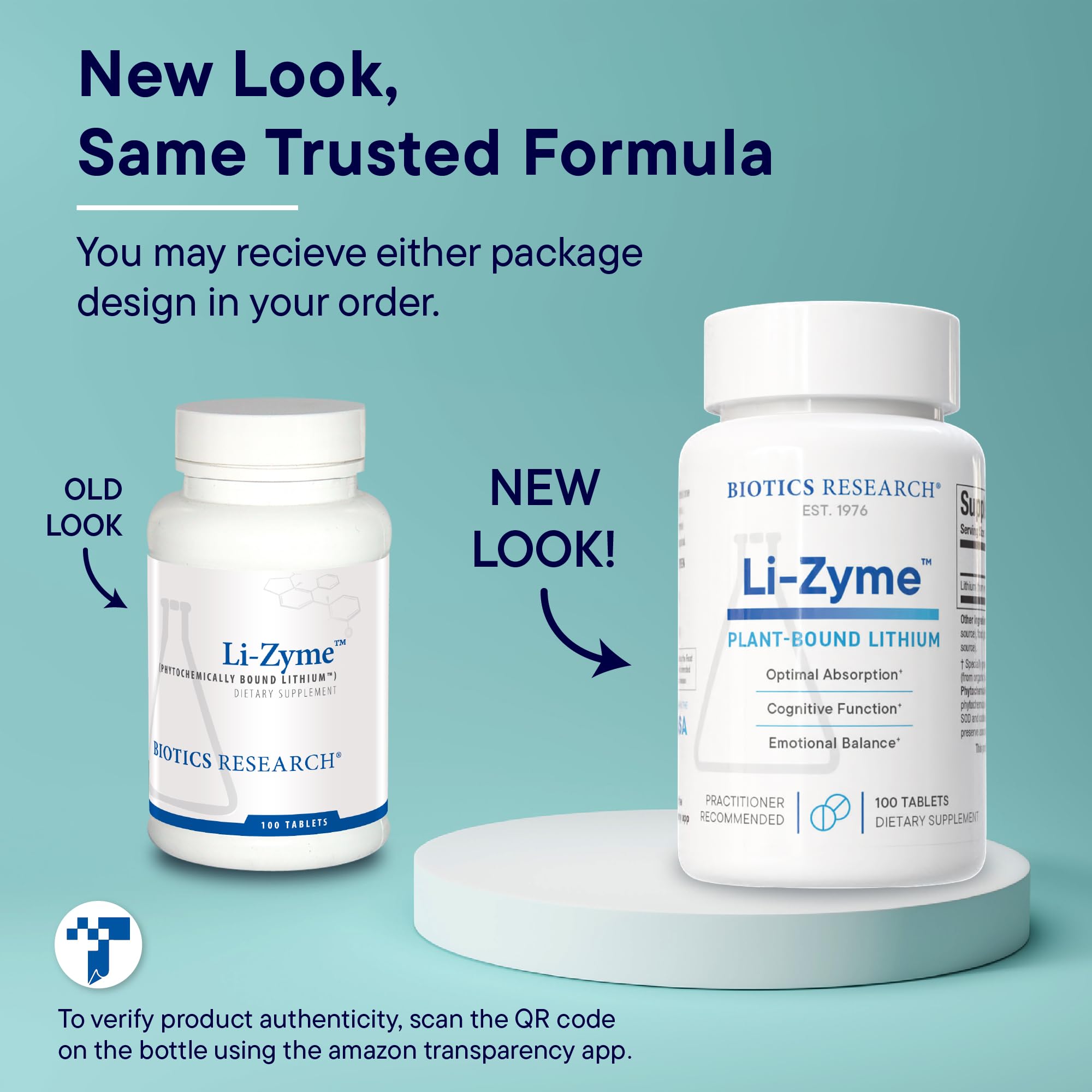 BIOTICS RESEARCH mano sosteniendo Li-Zyme para comparar tamaño y dosificación