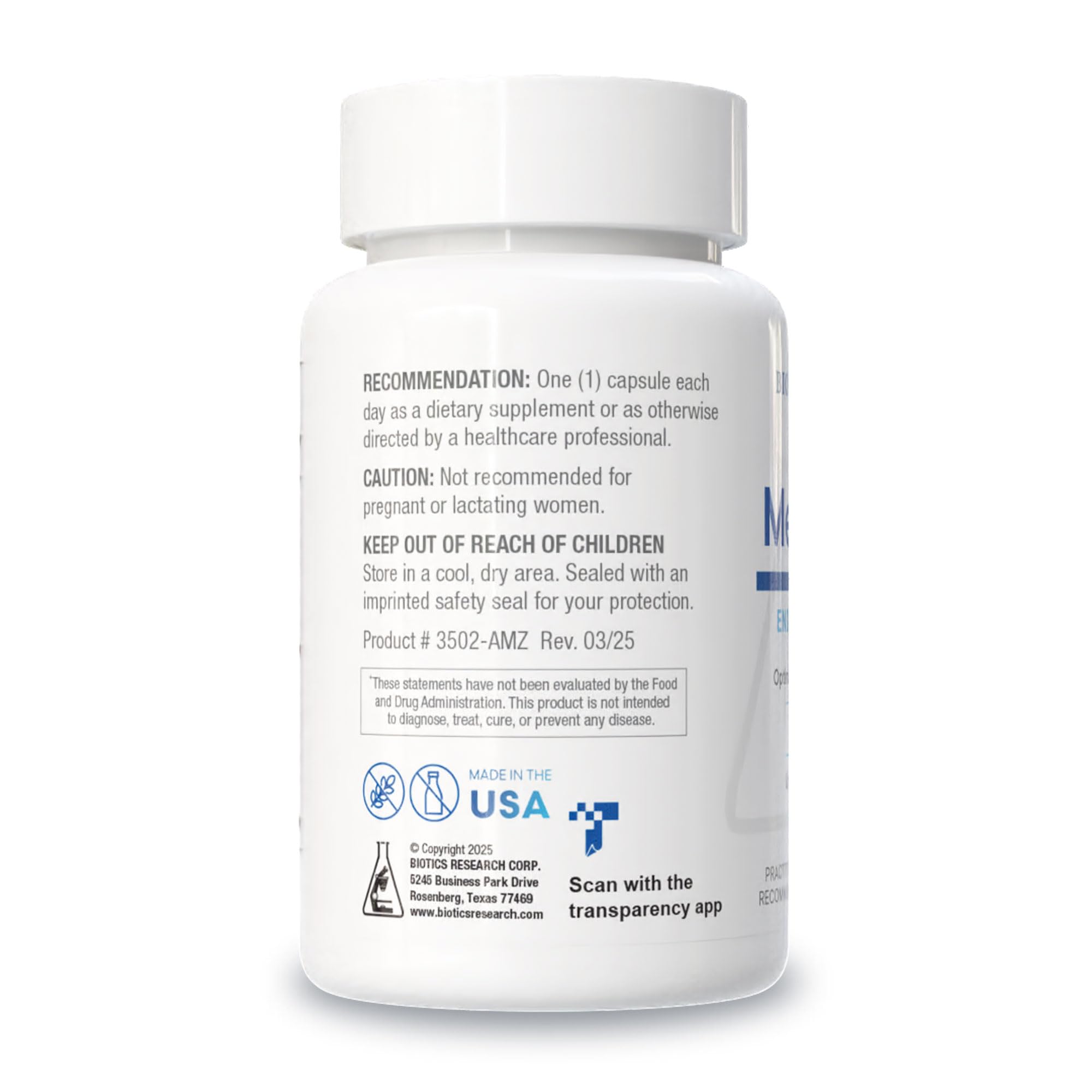 BIOTICS RESEARCH etiqueta con ingredientes, transparencia nutricional clara
