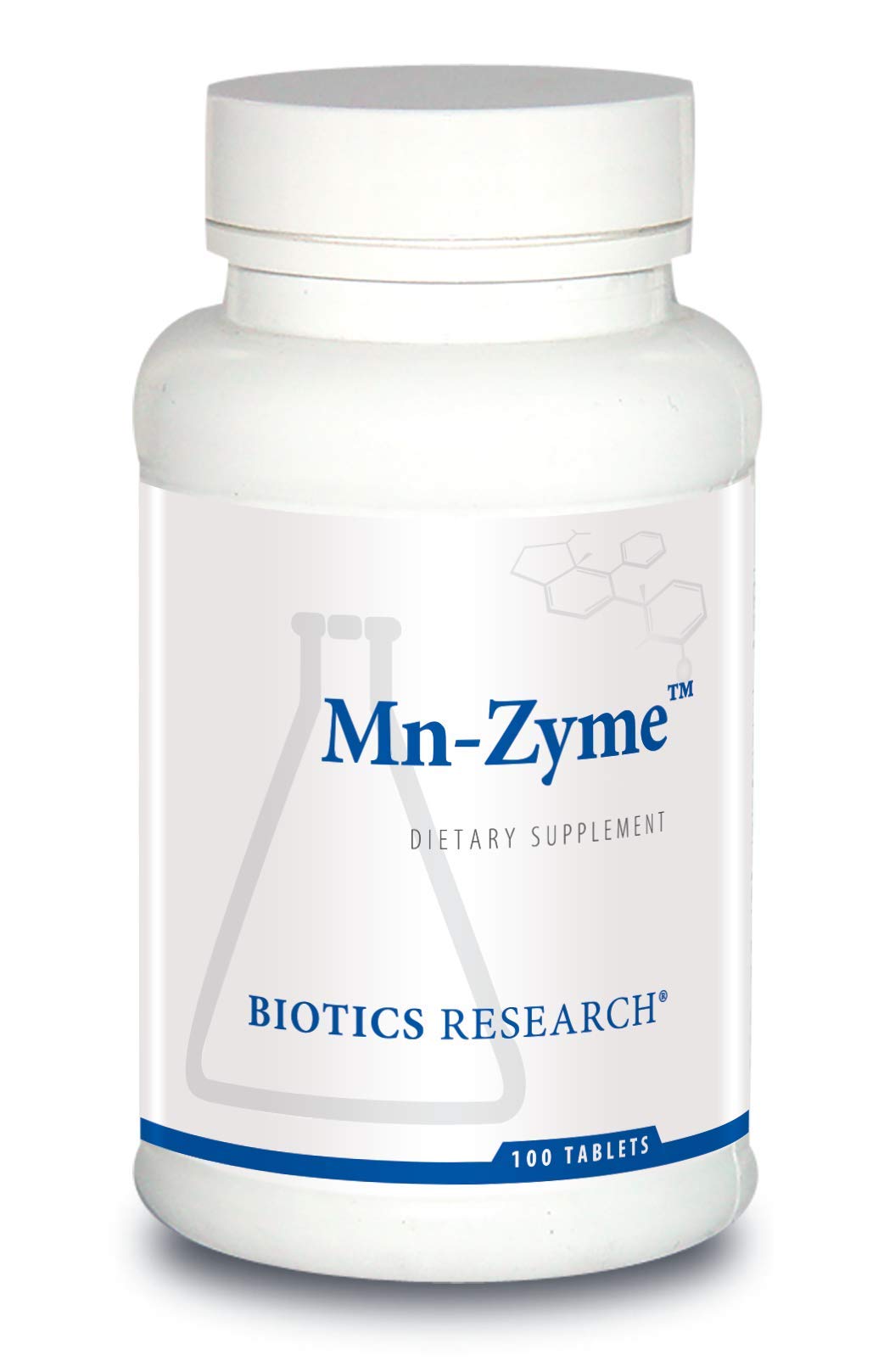 BIOTICS RESEARCH frasco Mn Zyme frente mostrando información clara y seguridad