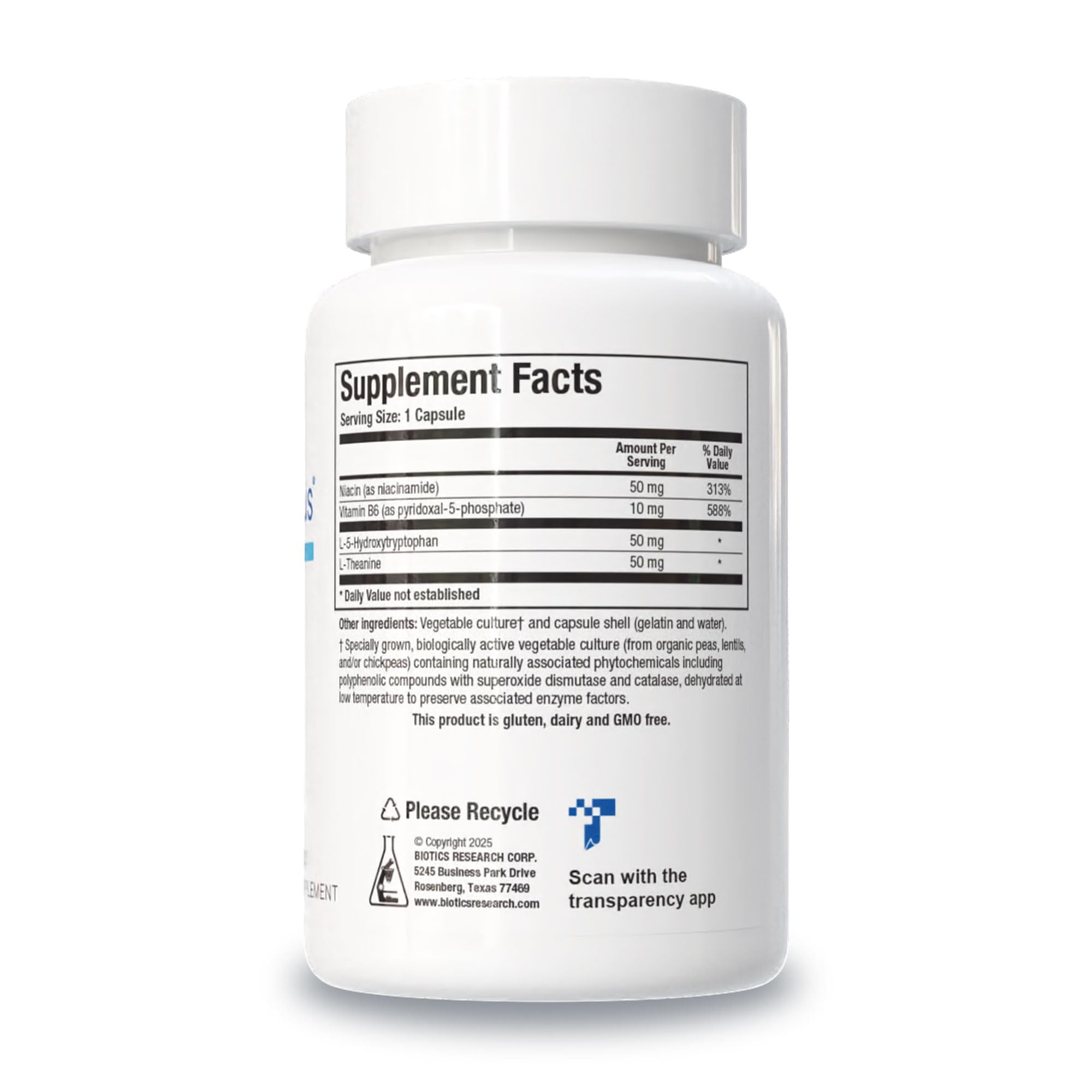 BIOTICS RESEARCH cápsula ampliada de Neuro 5-HTP Plus mostrando tamaño y acabado