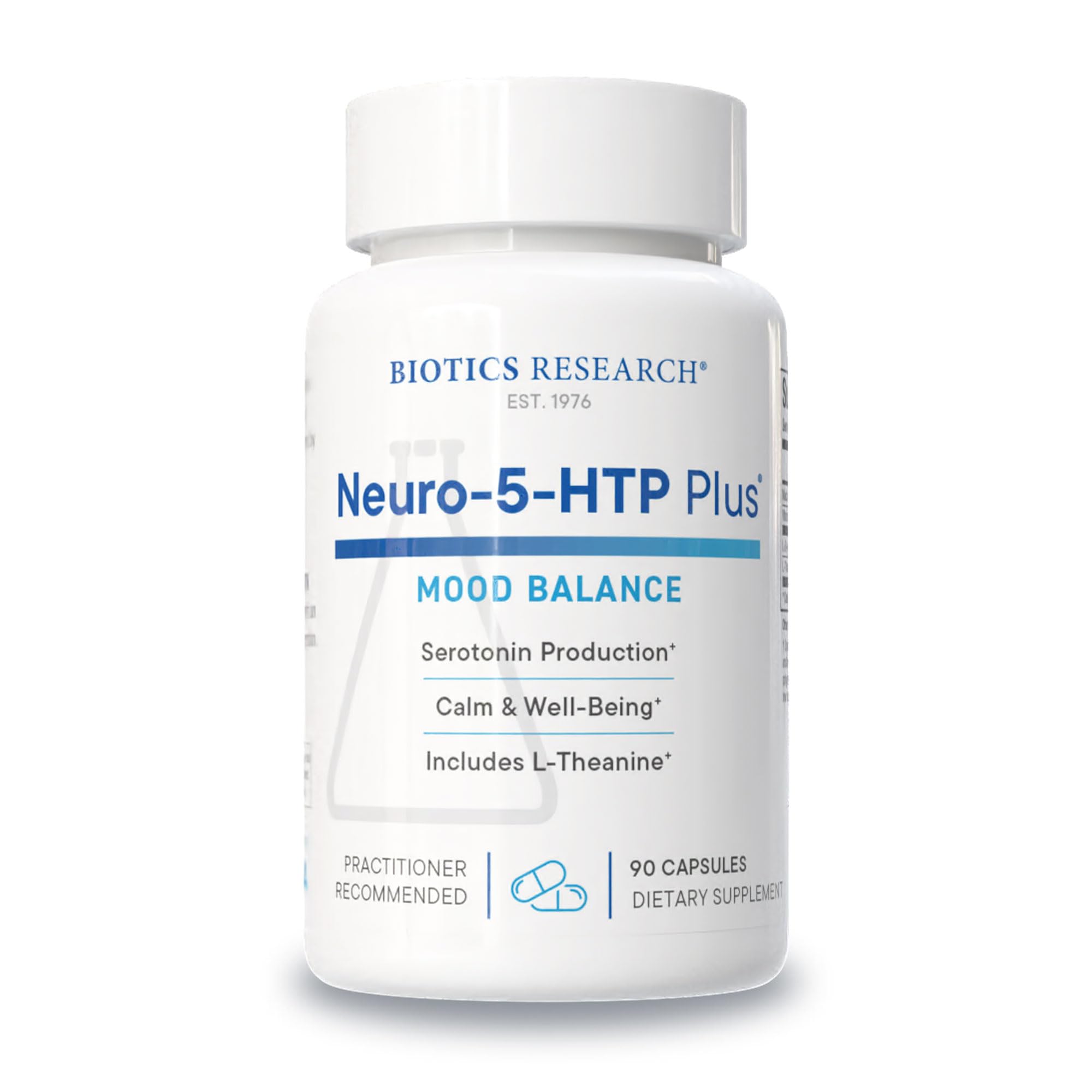 BIOTICS RESEARCH envase frontal de Neuro 5-HTP Plus mostrando diseño y cantidad