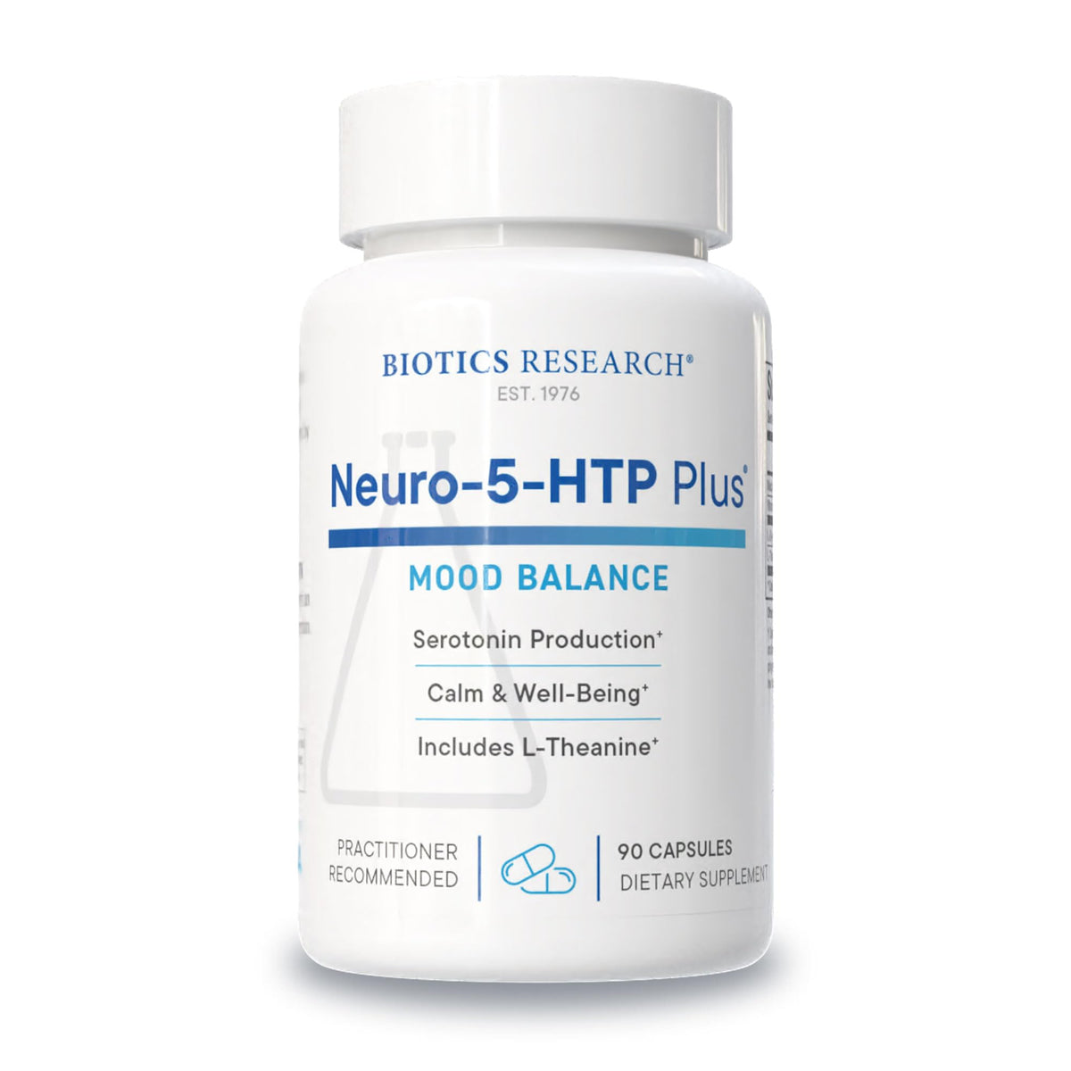 BIOTICS RESEARCH envase frontal de Neuro 5-HTP Plus mostrando diseño y cantidad