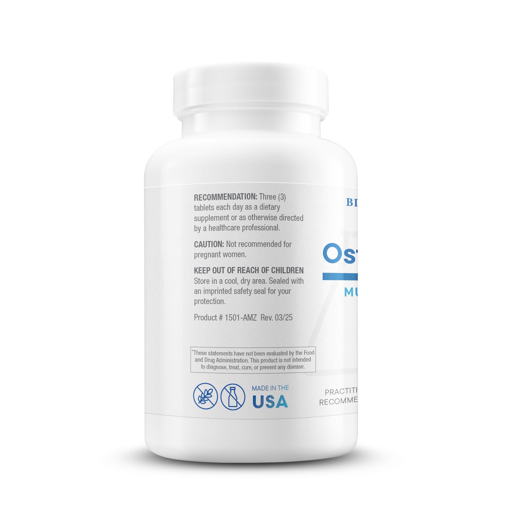 BIOTICS RESEARCH etiqueta de Osteo B Plus con lista de ingredientes y garantías de calidad