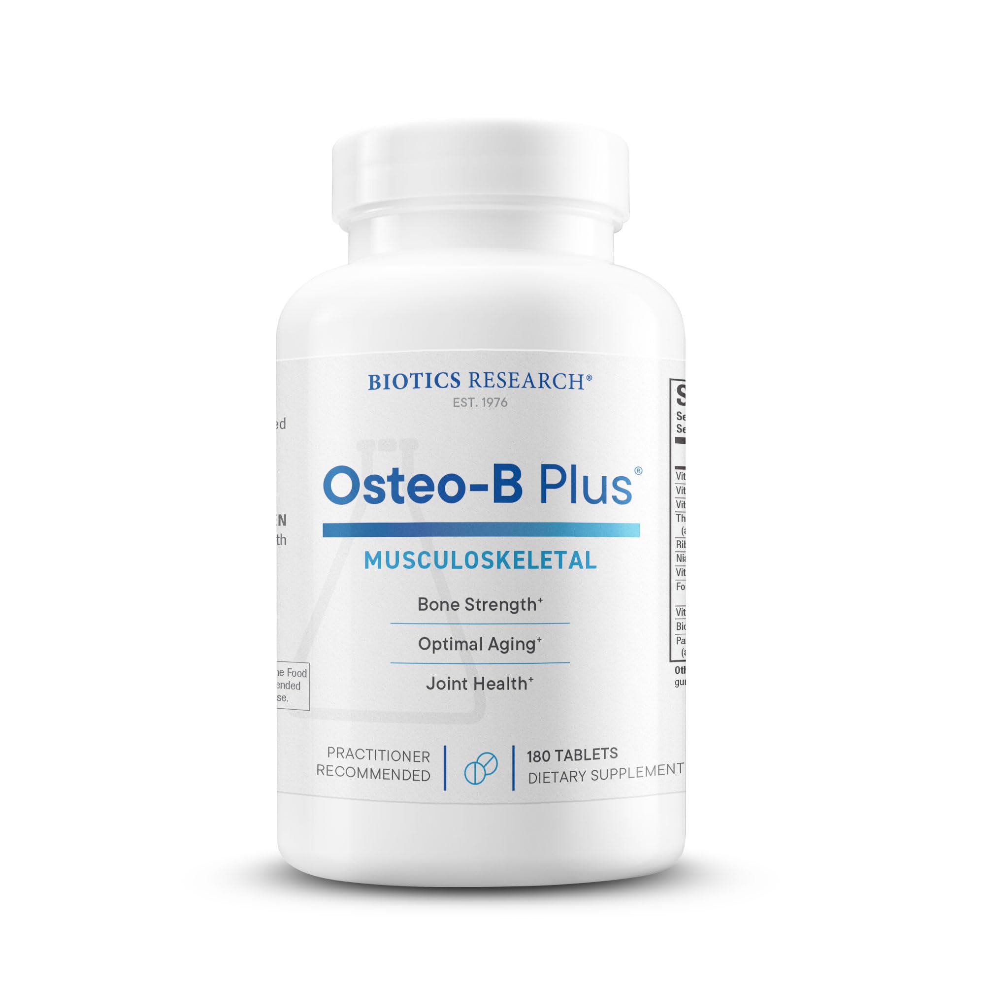BIOTICS RESEARCH envase frontal de Osteo B Plus mostrando presentación 180 tabletas y beneficios