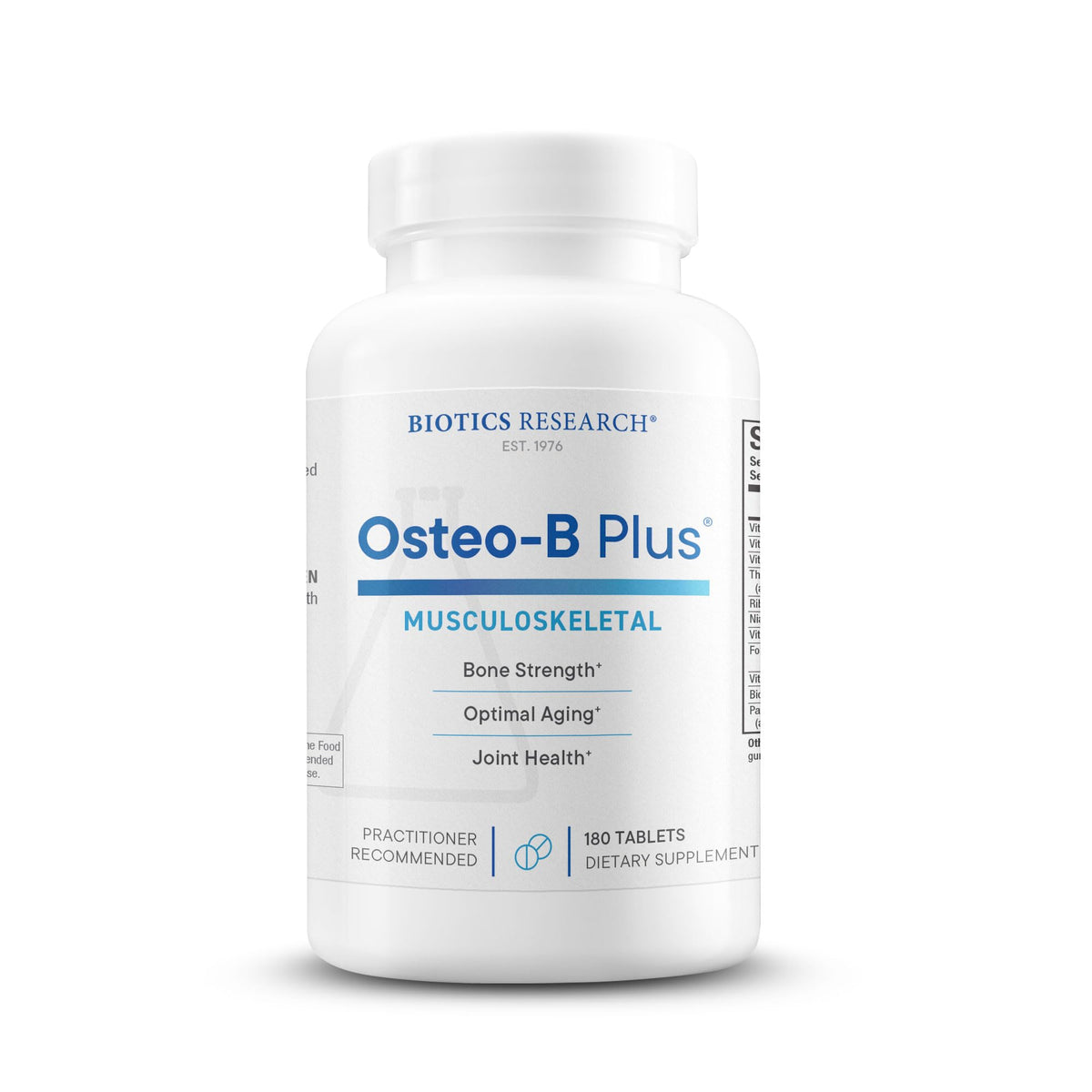 BIOTICS RESEARCH envase frontal de Osteo B Plus mostrando presentación 180 tabletas y beneficios