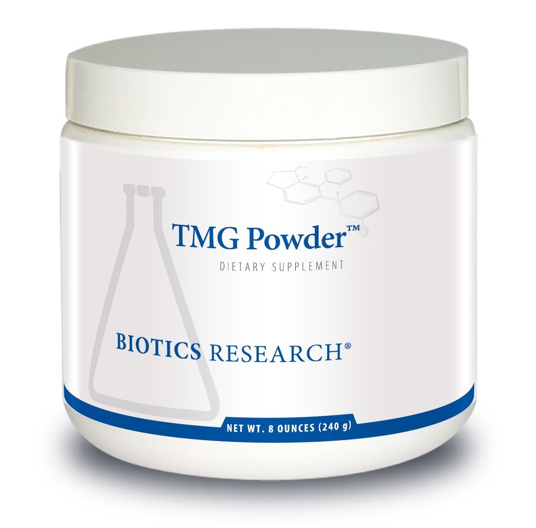 Biotics Research frasco frontal del TMG Powder mostrando presentación y ventaja limpieza