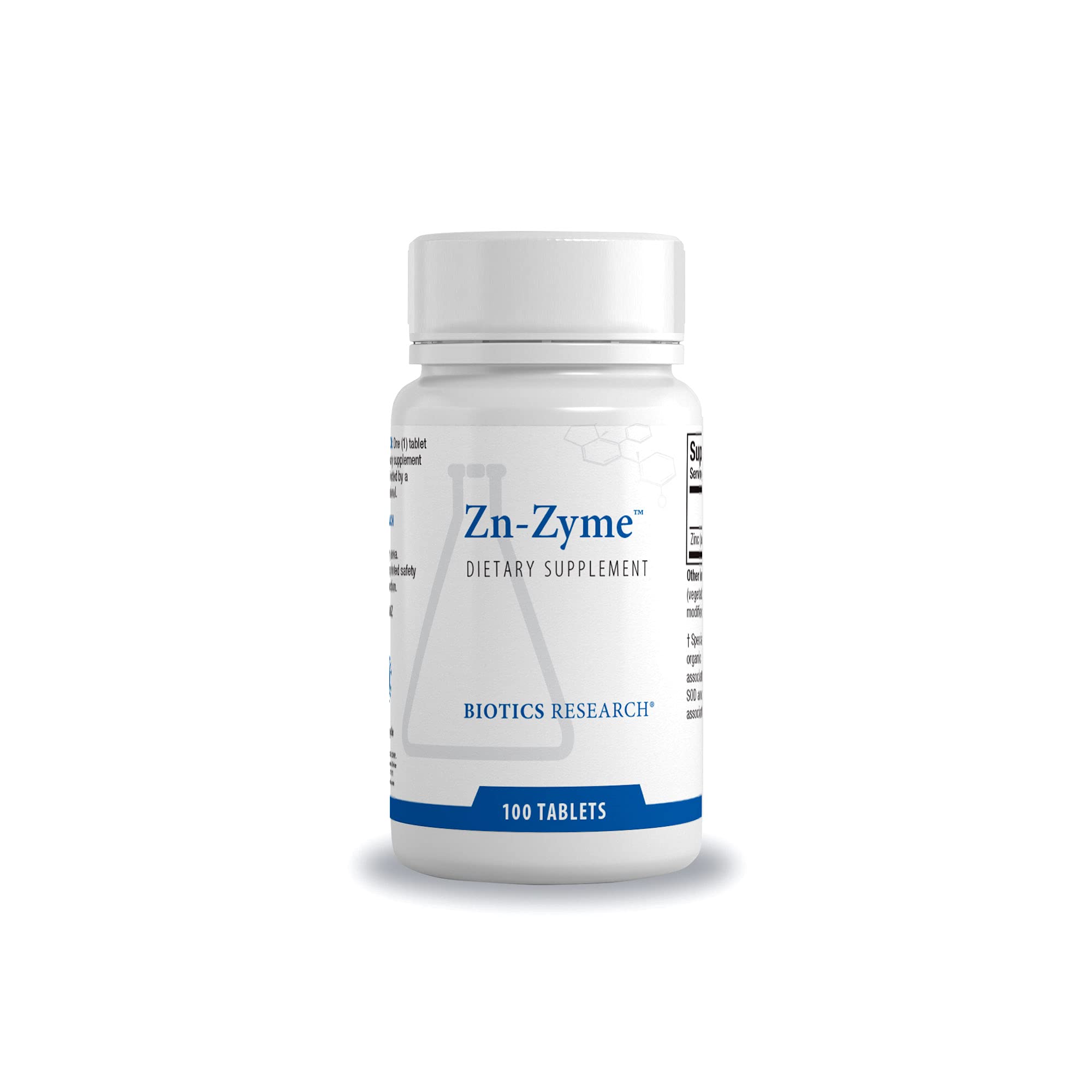 Biotics Research frasco Zn-Zyme frontal mostrando presentación y beneficio práctico