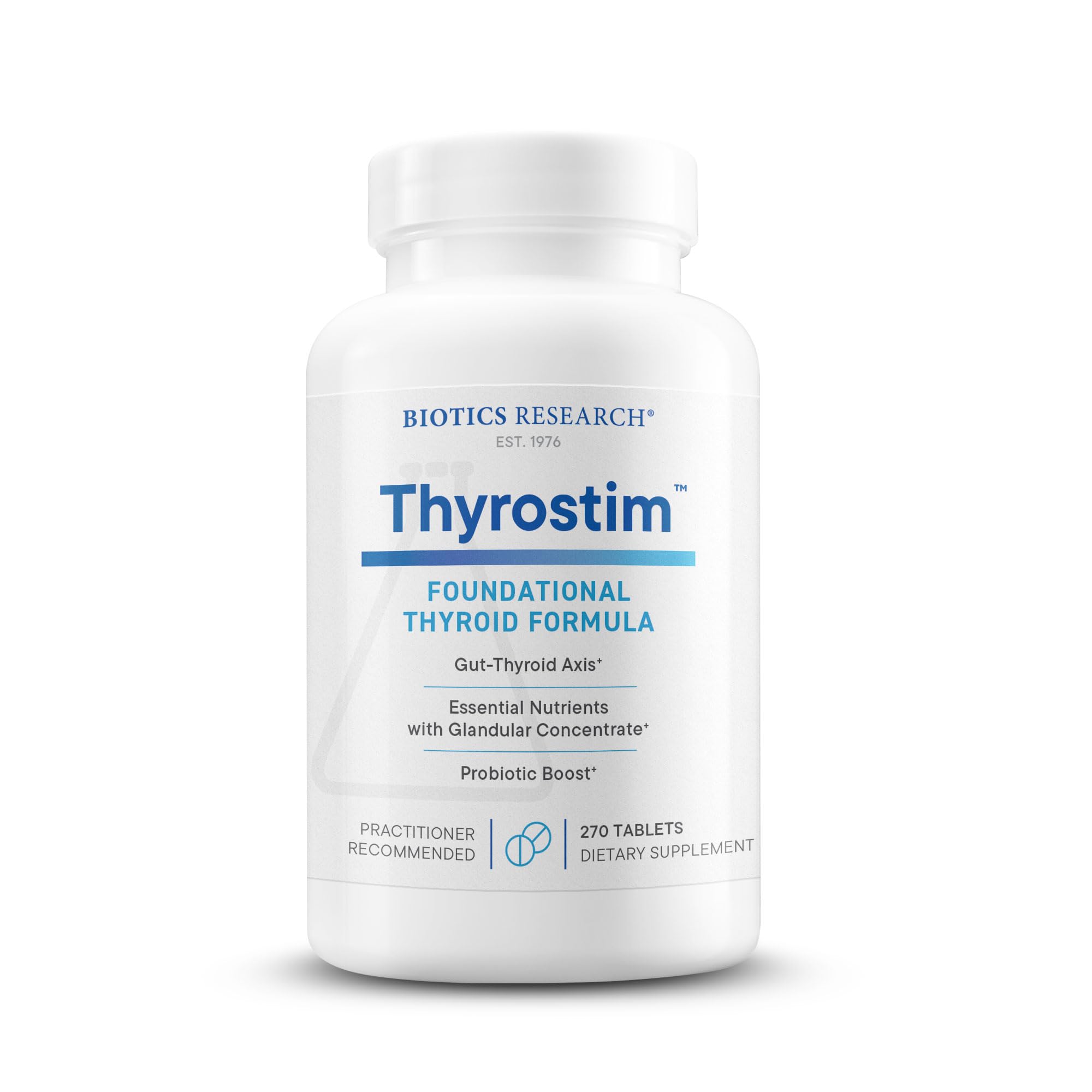 BIOTICS RESEARCH Thyrostim envase frontal mostrando 270 tabletas y beneficios