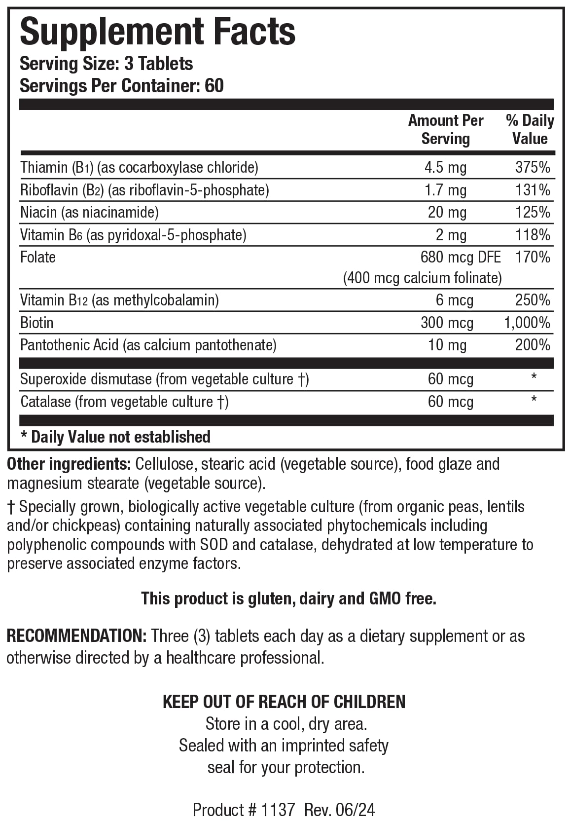 BIOTICS RESEARCH etiqueta con información nutricional y garantía de calidad