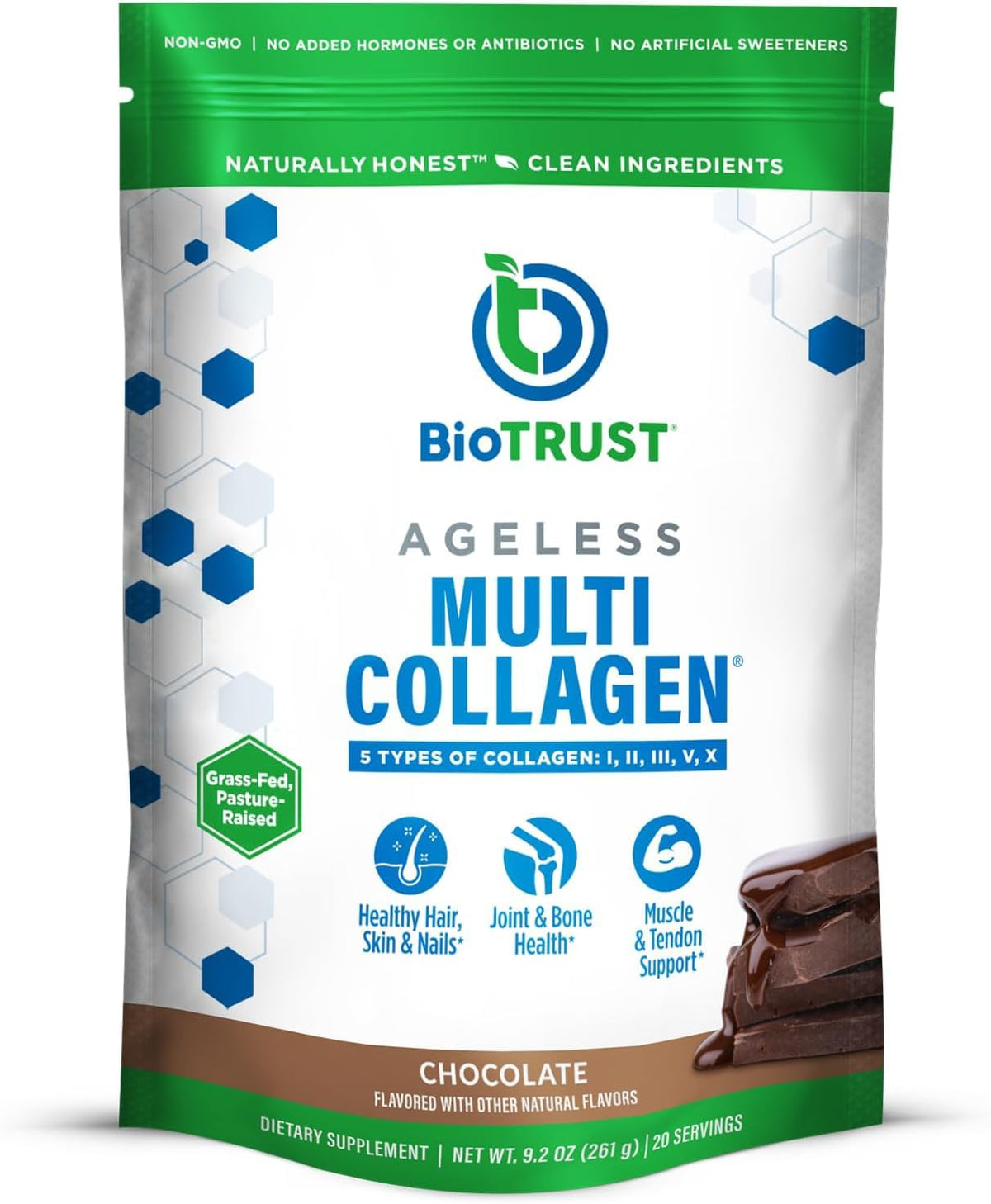 BioTrust frasco frontal del polvo de colágeno chocolate con etiqueta clara