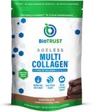 BioTrust frasco frontal del polvo de colágeno chocolate con etiqueta clara