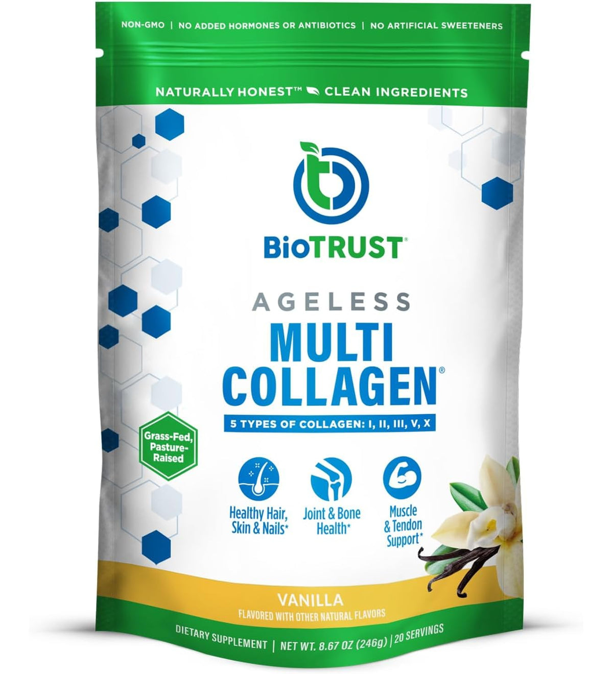 BioTrust frasco sabor vainilla mostrando el envase y su etiqueta, confianza visual