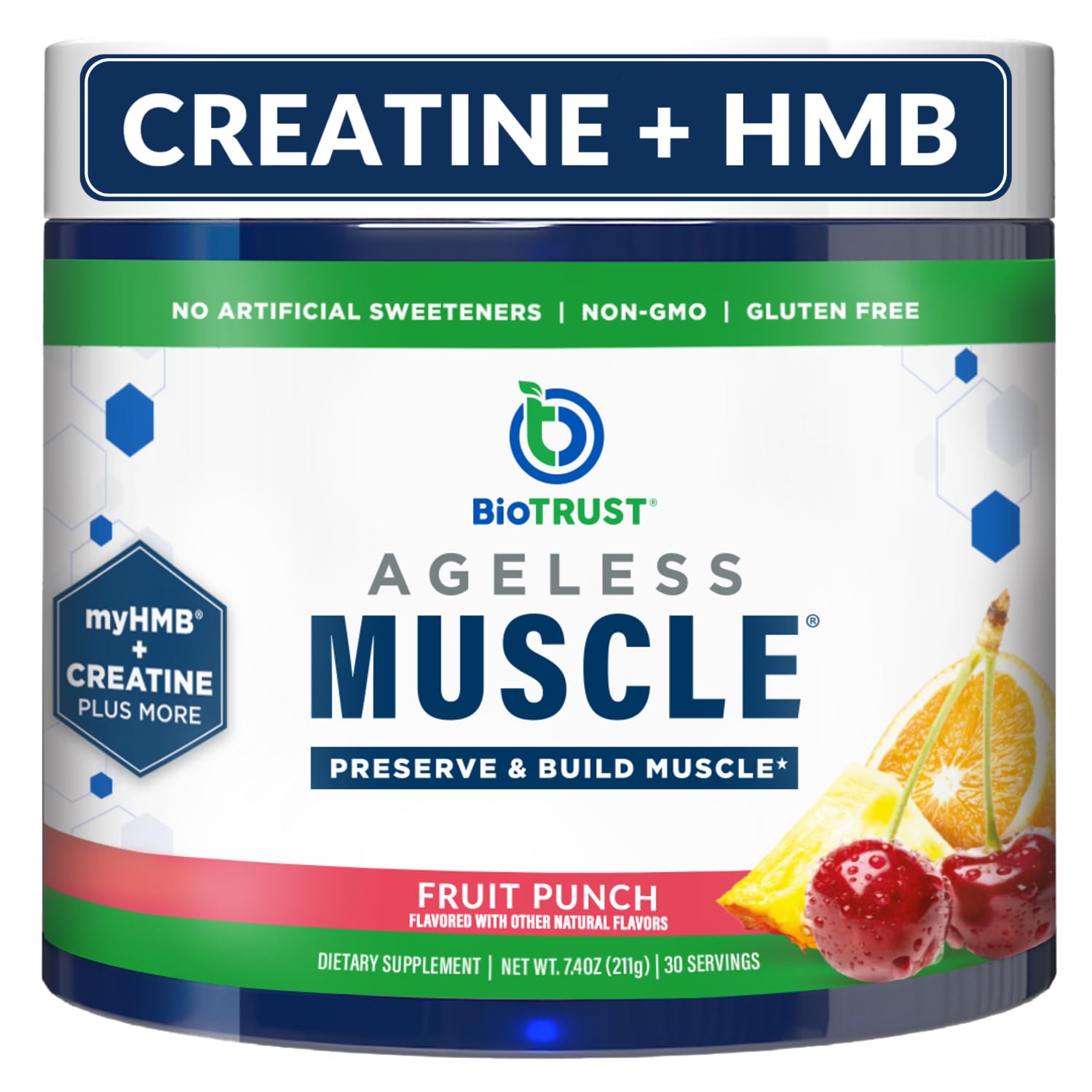 Envase BioTrust Ageless Muscle al frente, presentación y beneficio preserva músculo