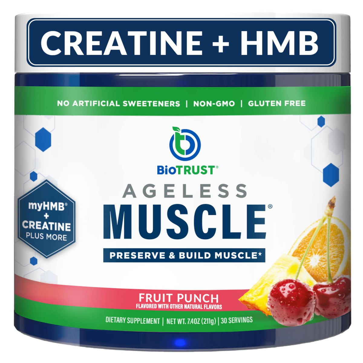 Envase BioTrust Ageless Muscle al frente, presentación y beneficio preserva músculo
