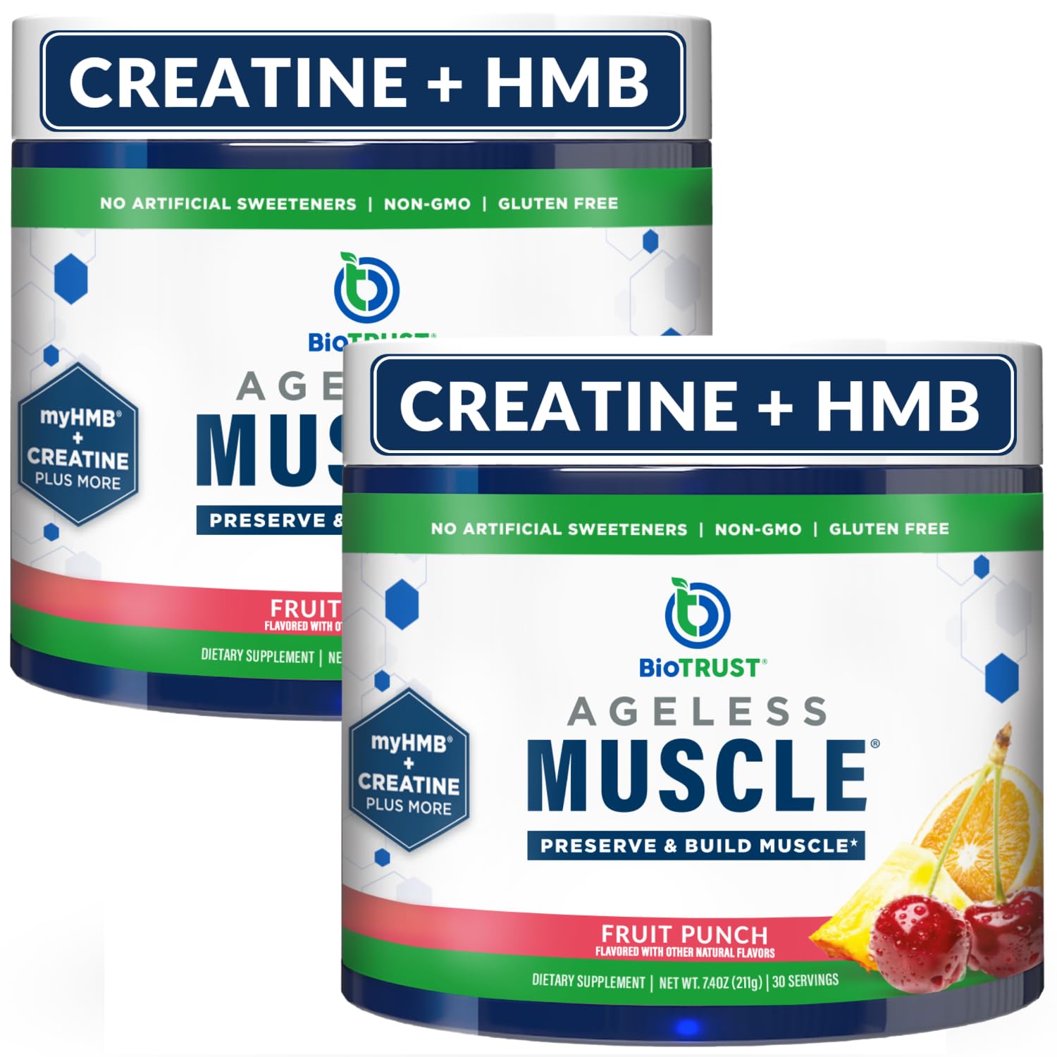 BioTrust envase frontal de Ageless Muscle mostrando sabor y diseño