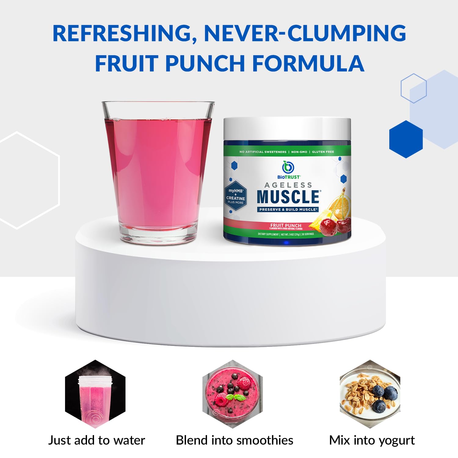 Comparación de tamaño del envase de BioTrust Ageless Muscle para referencia