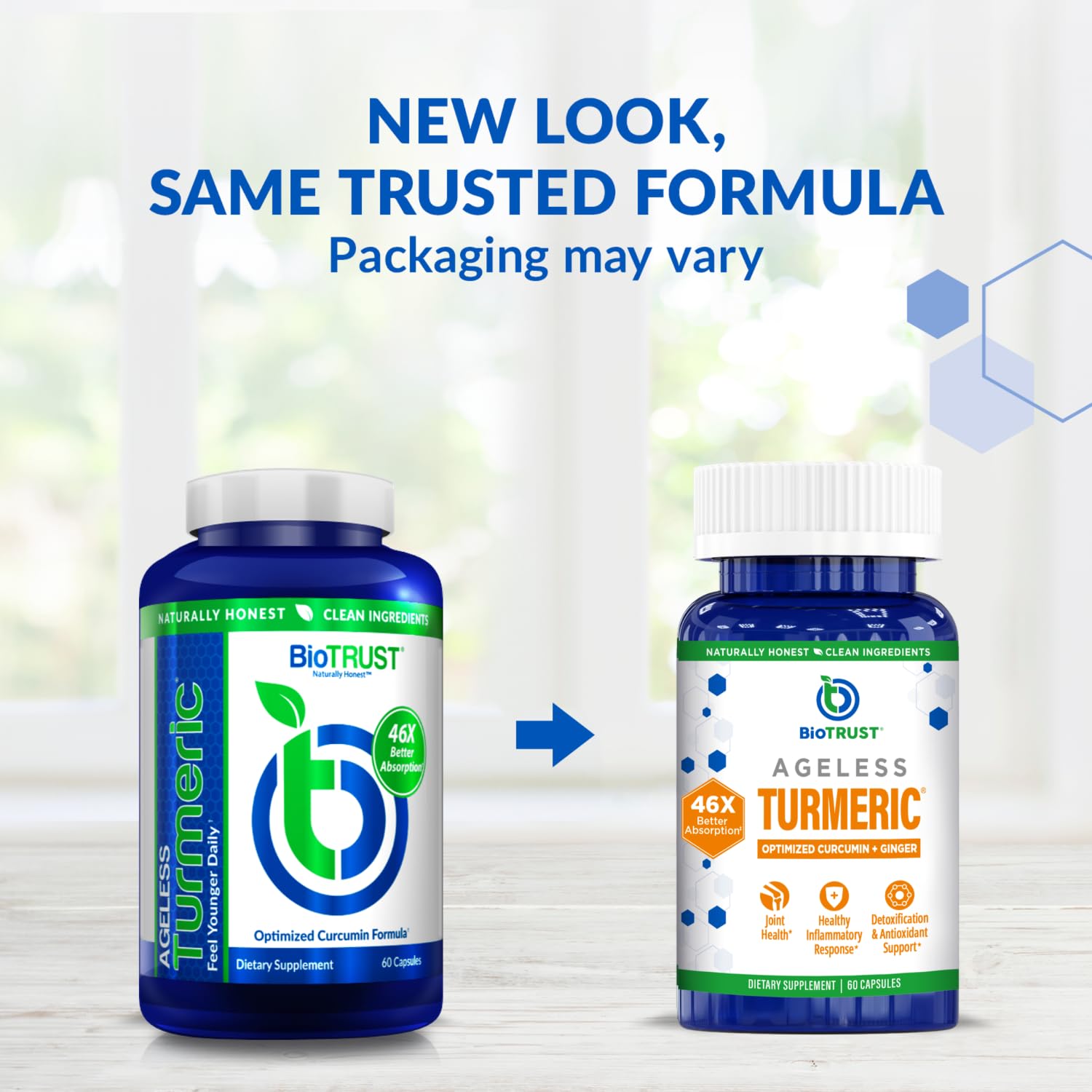 BioTrust cápsula de Ageless Turmeric en primer plano, fácil de tragar y dosificar