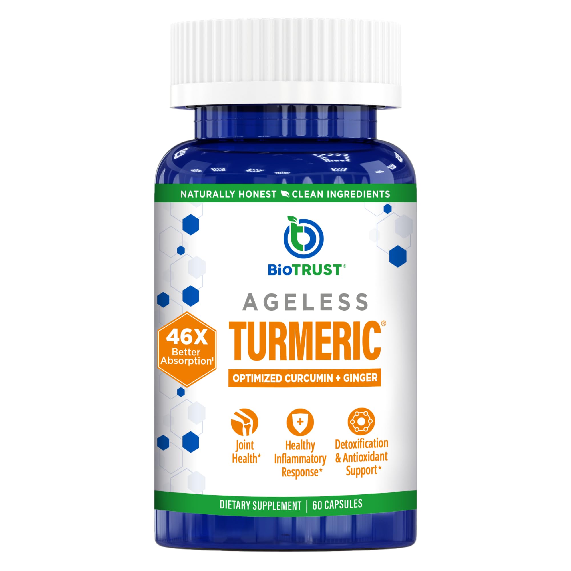 BioTrust frasco frontal de Ageless Turmeric mostrando diseño y beneficio de alta absorción