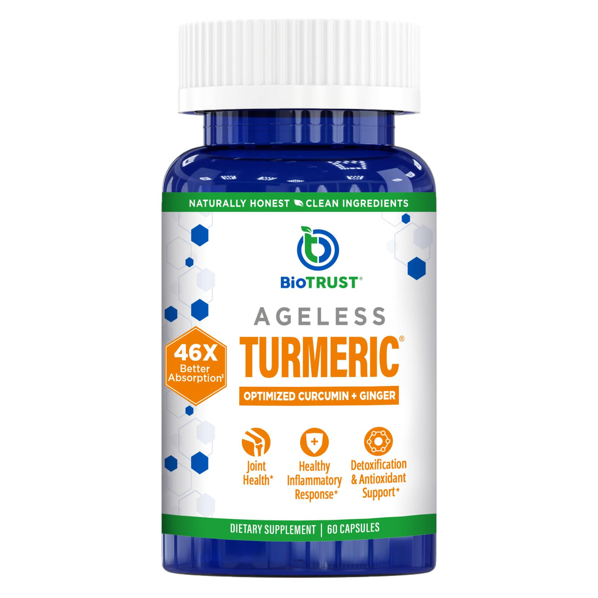 BioTrust frasco frontal de Ageless Turmeric mostrando diseño y beneficio de alta absorción