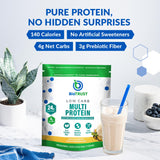 BioTrust batido de vainilla preparado en vaso, aporte proteico listo para consumir