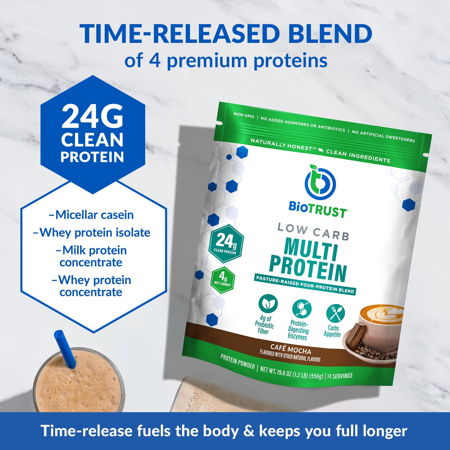 BioTrust batido en vaso listo para beber con sabor café mocha y energía