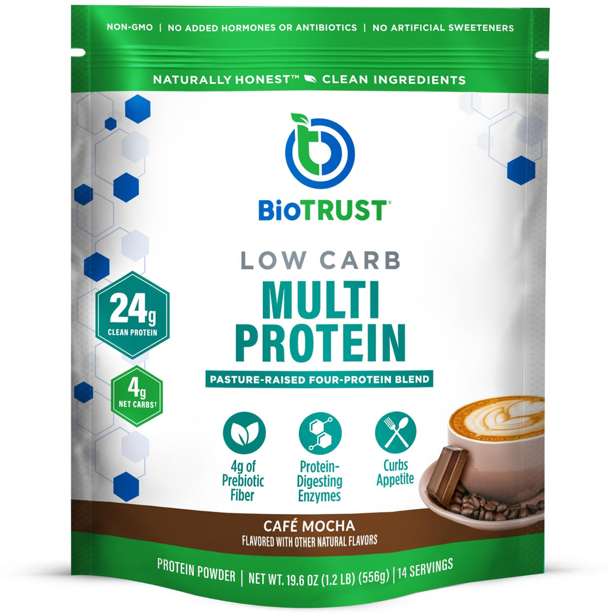 BioTrust envase frontal Café Mocha mostrando diseño y beneficio proteína alta