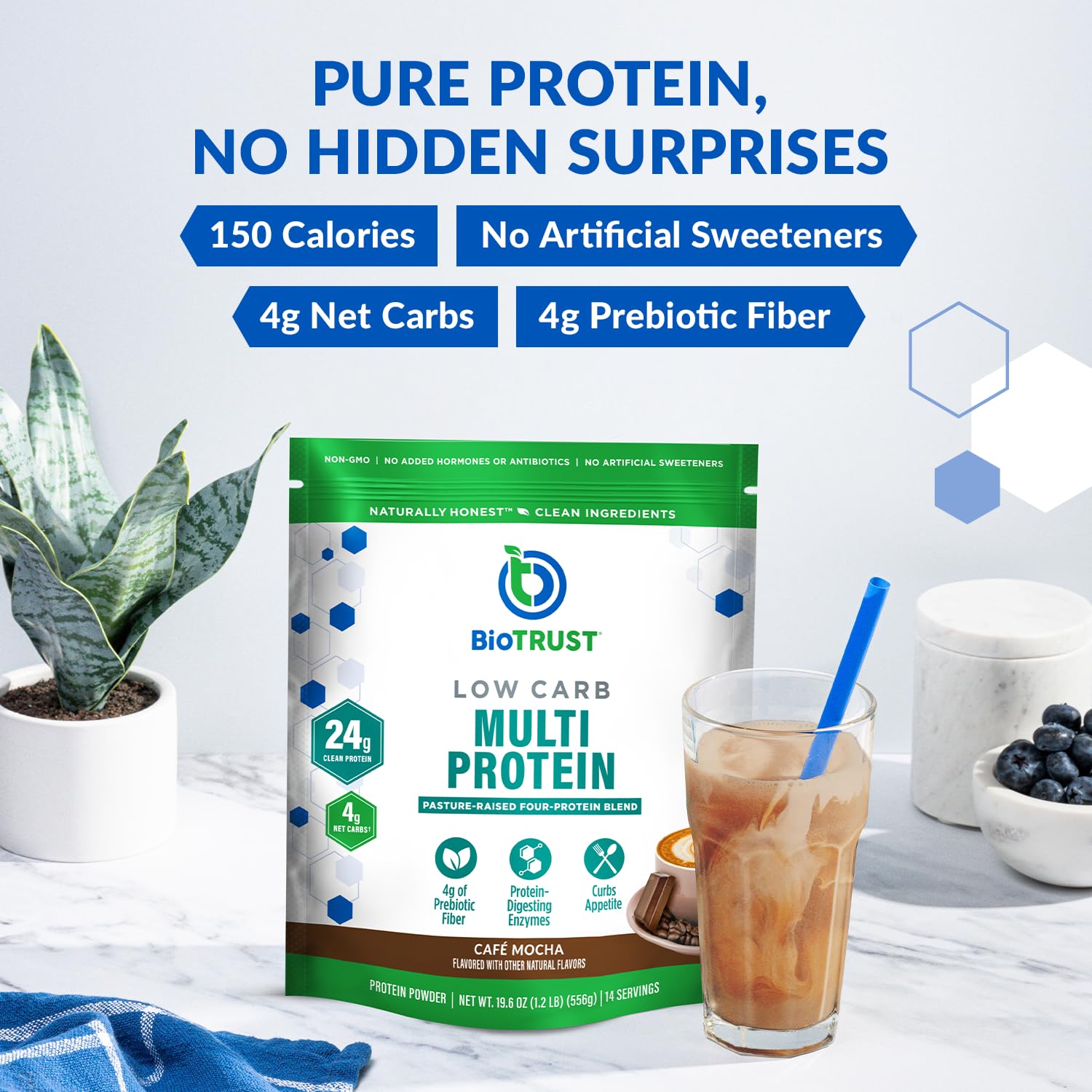 BioTrust cucharada medidora con polvo, precisión de 24 g proteína por ración