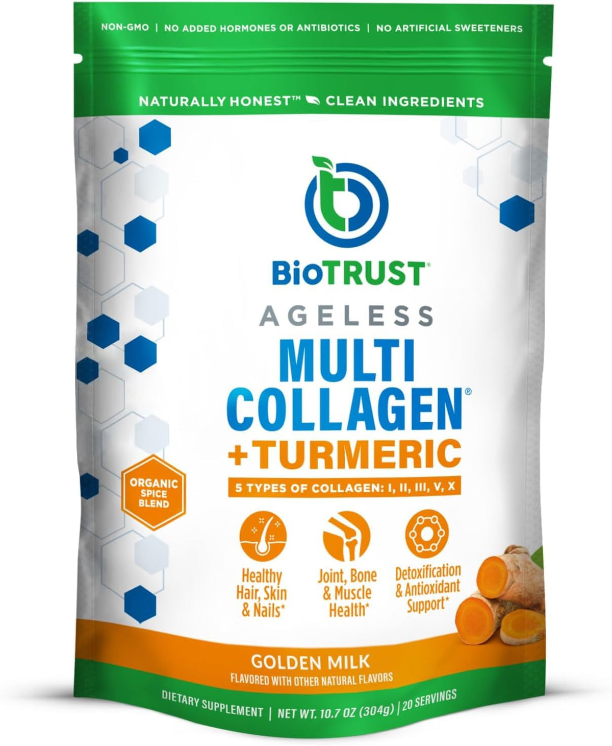 Envase BioTrust Collagen Powder frontis mostrando diseño y sabor Golden Milk