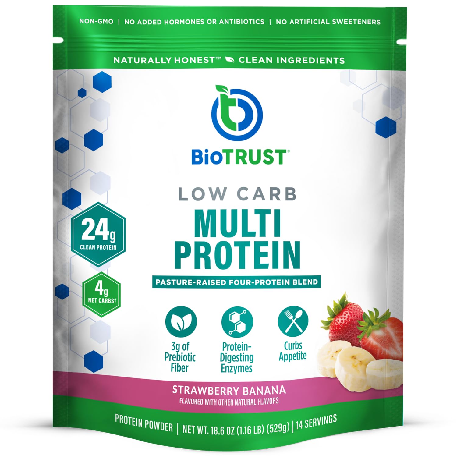 BioTrust envase frontal fresa banana mostrando aporte de 24 g proteína