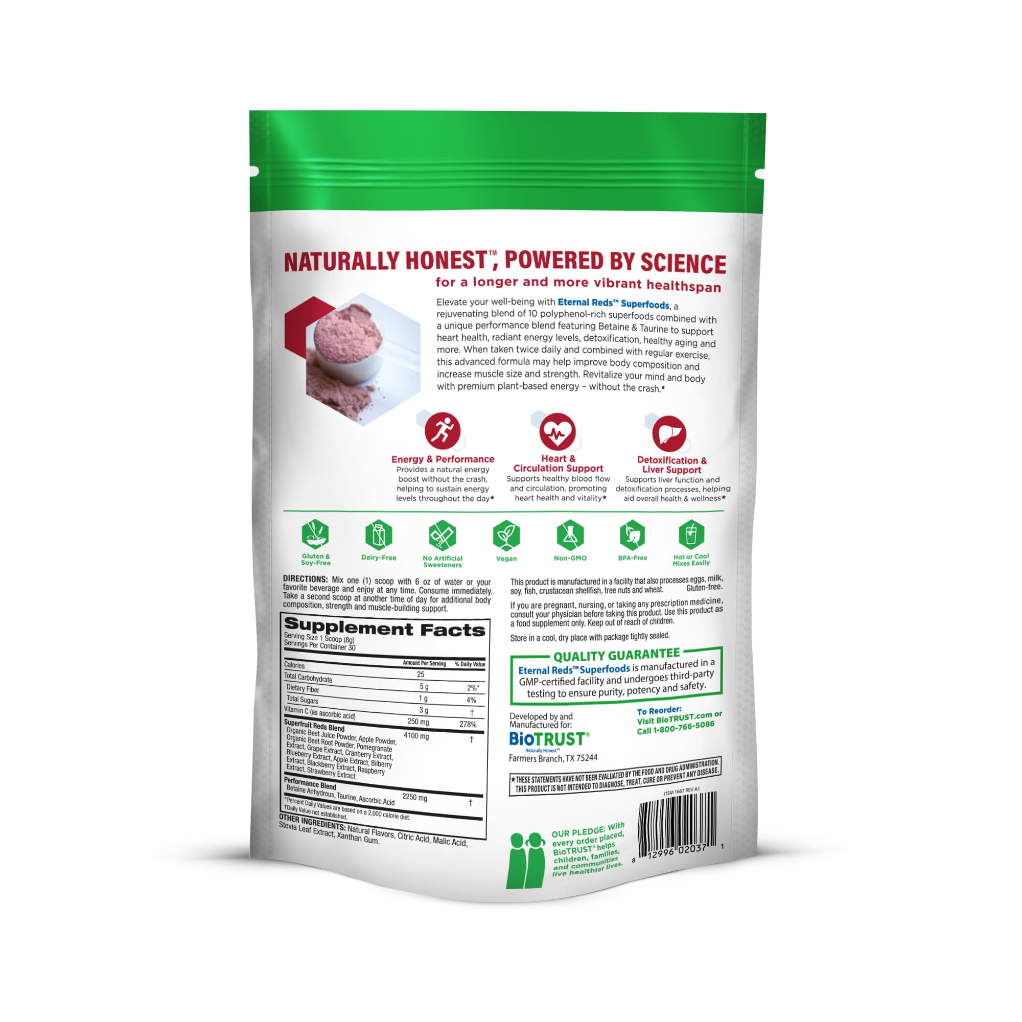 BioTrust producto rodeado de frutas rojas que enfatizan sabor y antioxidantes