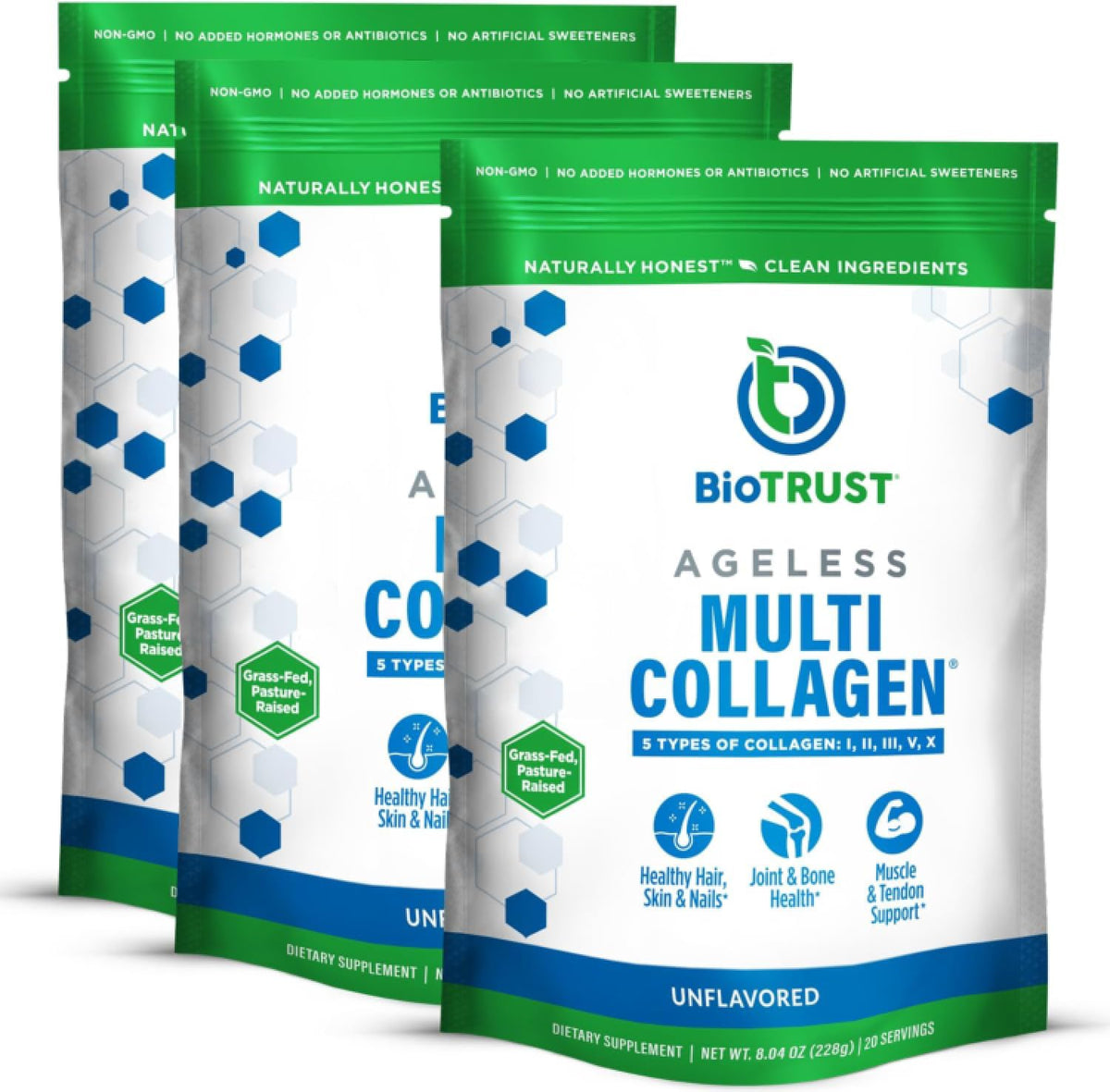 BioTrust envase frontal Ageless Multi Collagen muestra presentación y beneficios