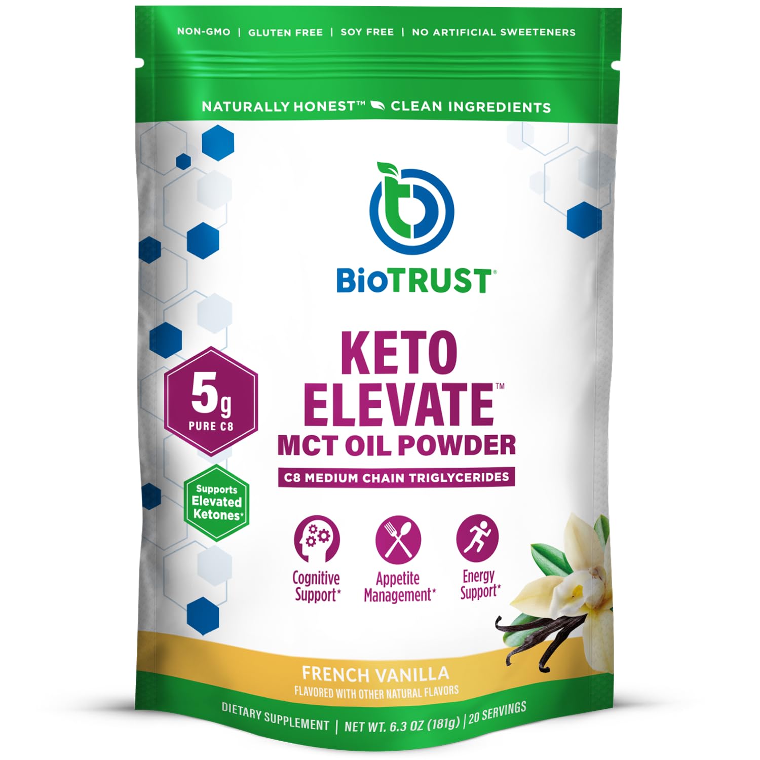 BioTrust envase frontal mostrando sabor French Vanilla y beneficio energía limpia