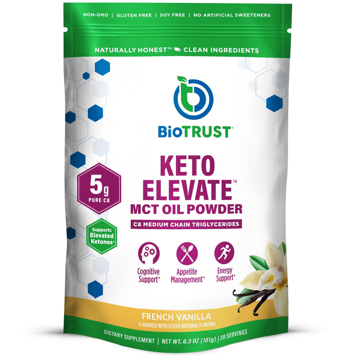 BioTrust envase frontal mostrando sabor French Vanilla y beneficio energía limpia