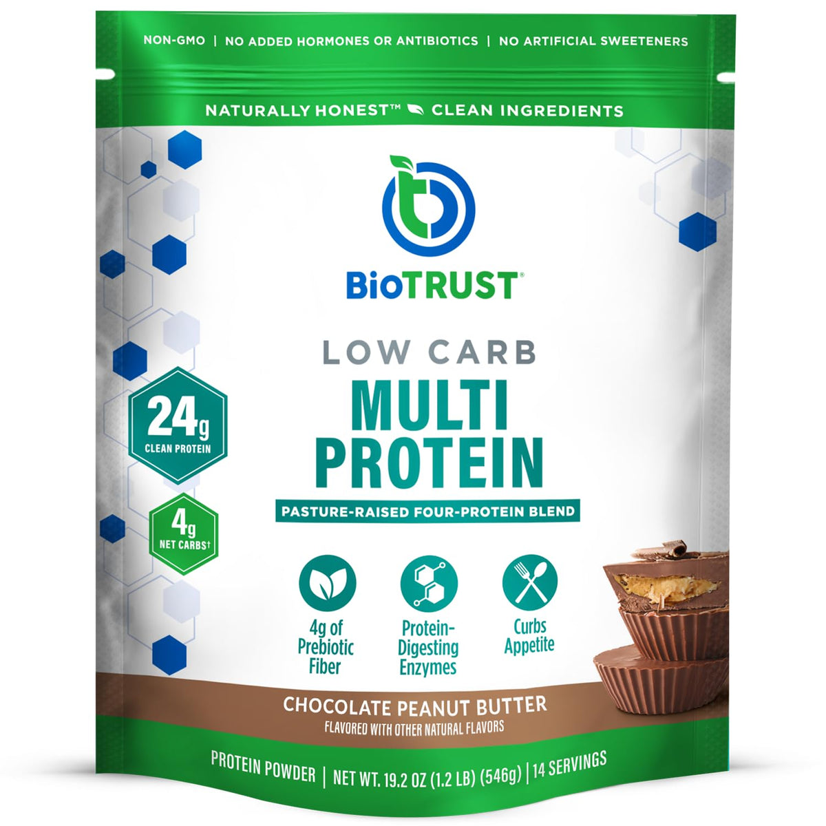 BioTrust envase frontal Chocolate Peanut Butter muestra marca y beneficio proteico