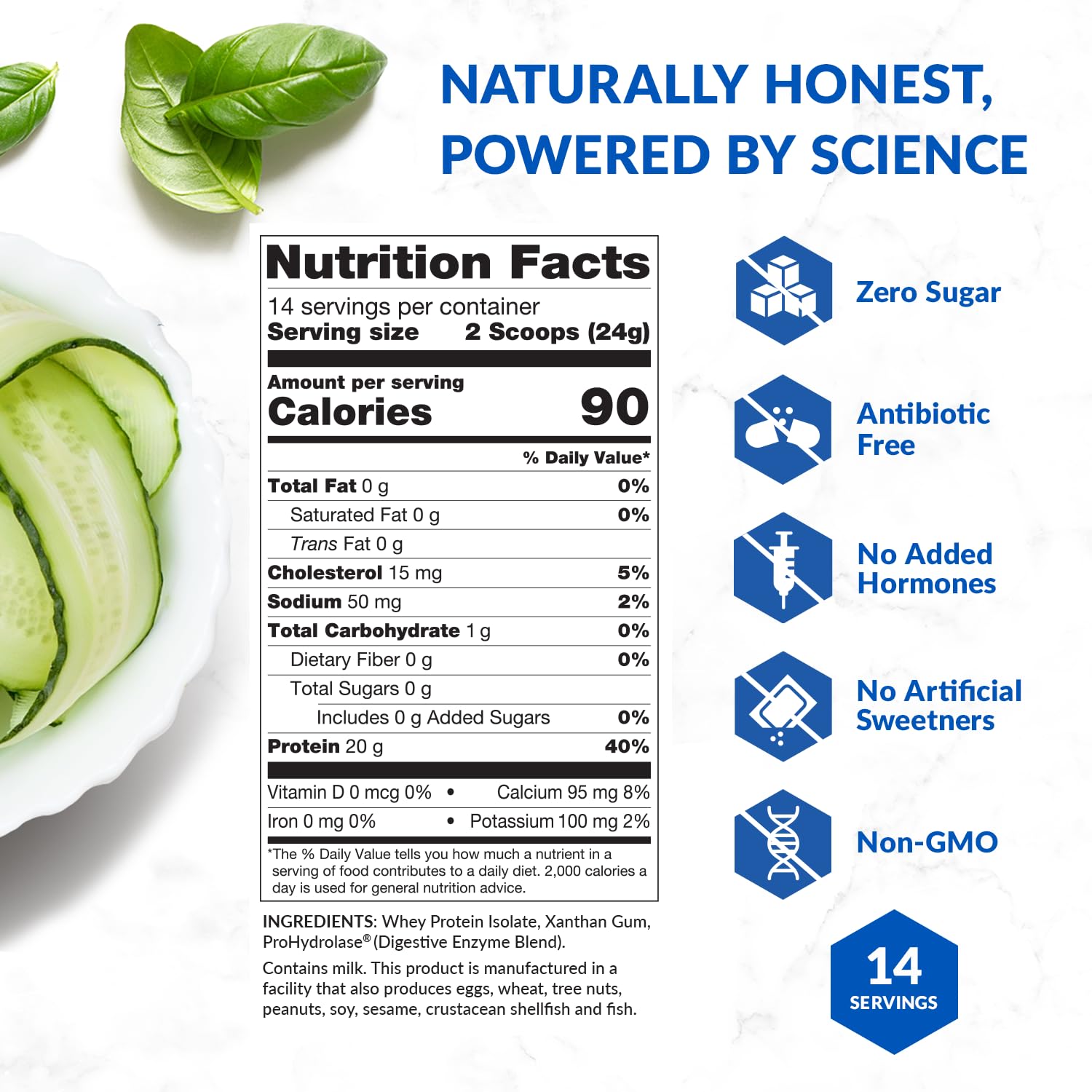 BioTrust etiqueta nutricional cercana, resalta 90 calorías y 1 g carbohidrato