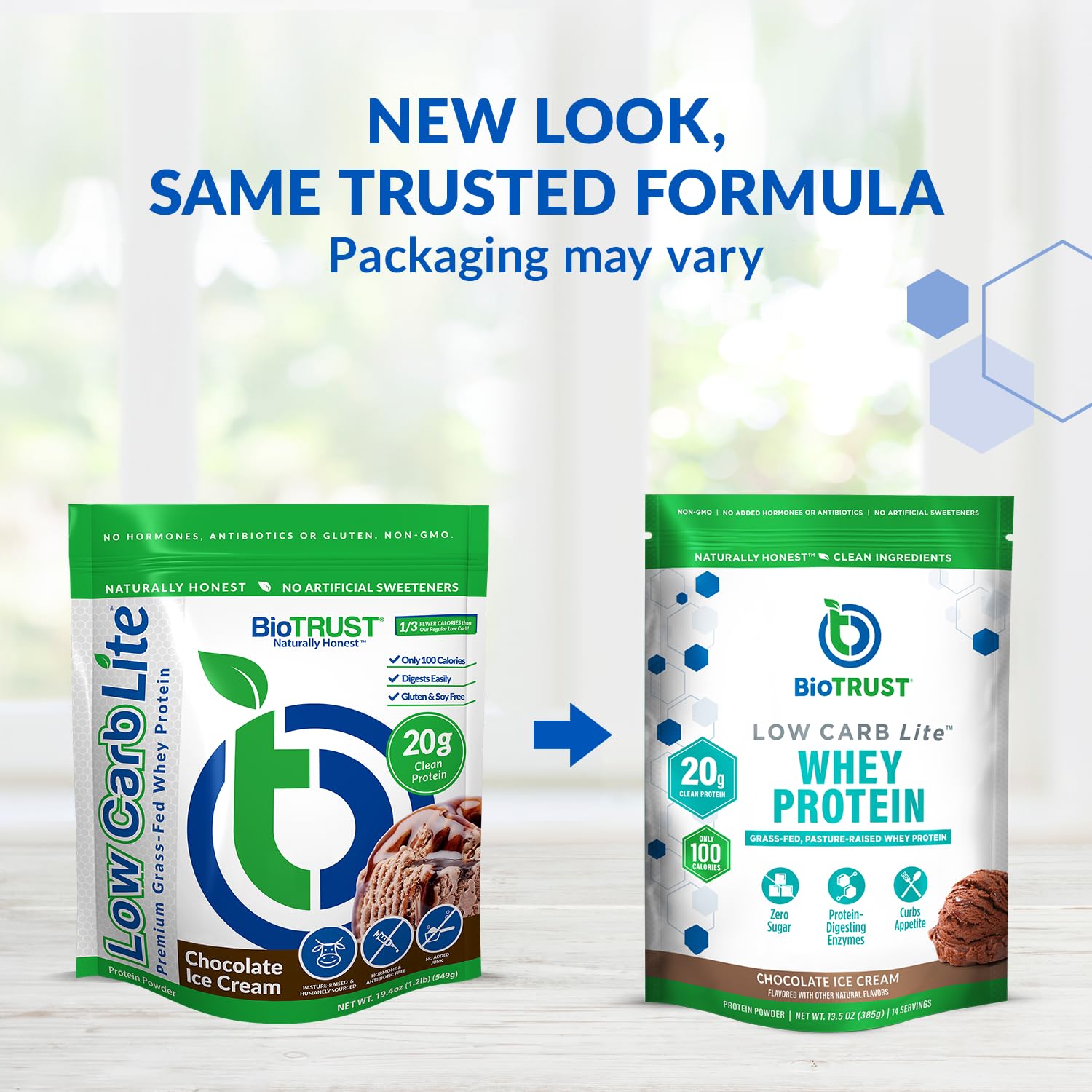 BioTrust polvo de proteína en primer plano, textura fina y fácil mezcla