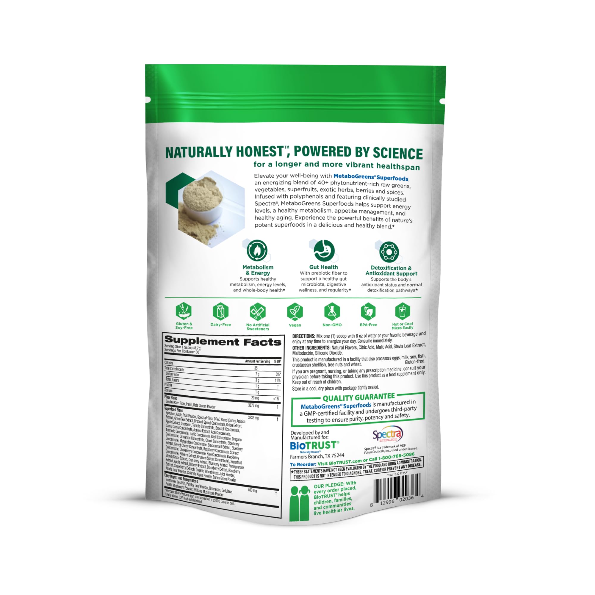 BioTrust escena de desayuno con Metabo Greens en mesa estilo de vida saludable