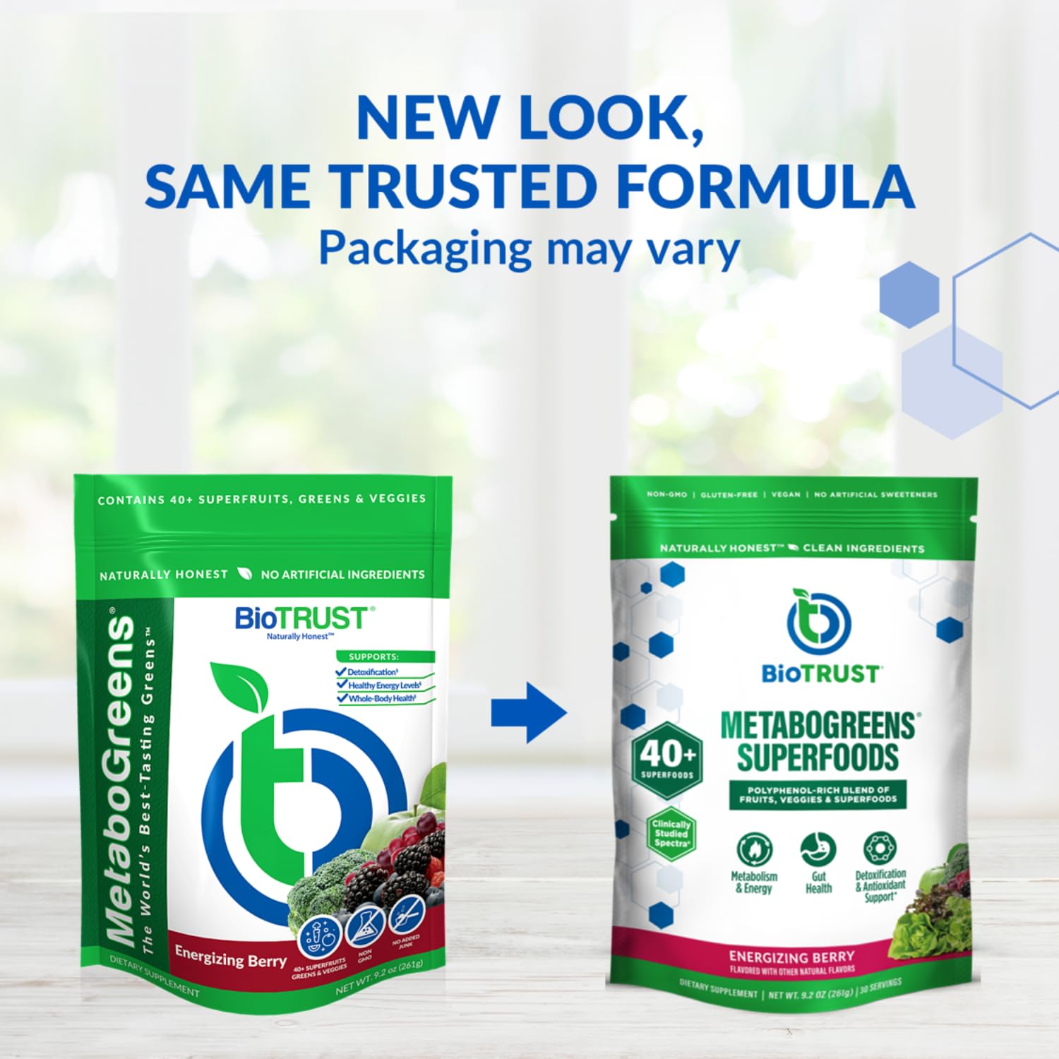 BioTrust primer plano del polvo Metabo Greens muestra textura fina y mezcla fácil